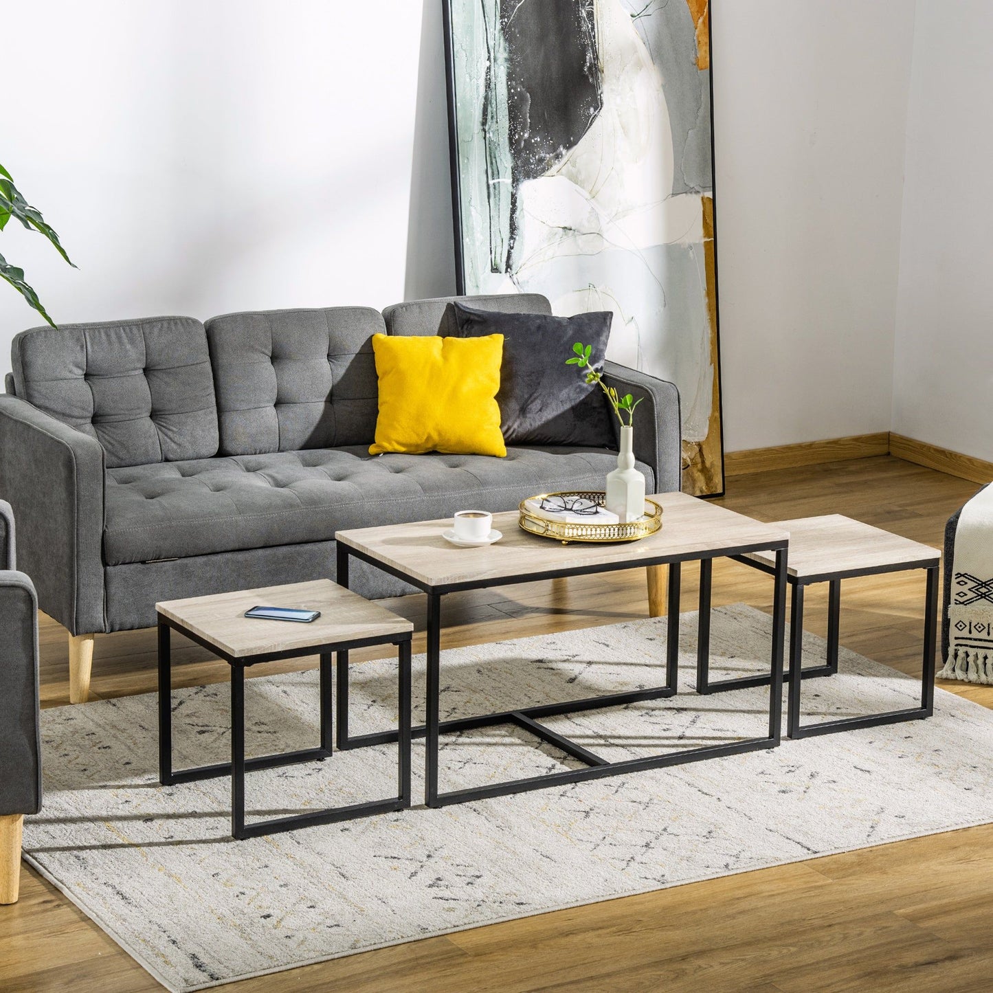 Set of 3 Nesting Coffee Tables with Metal Frame - Natural