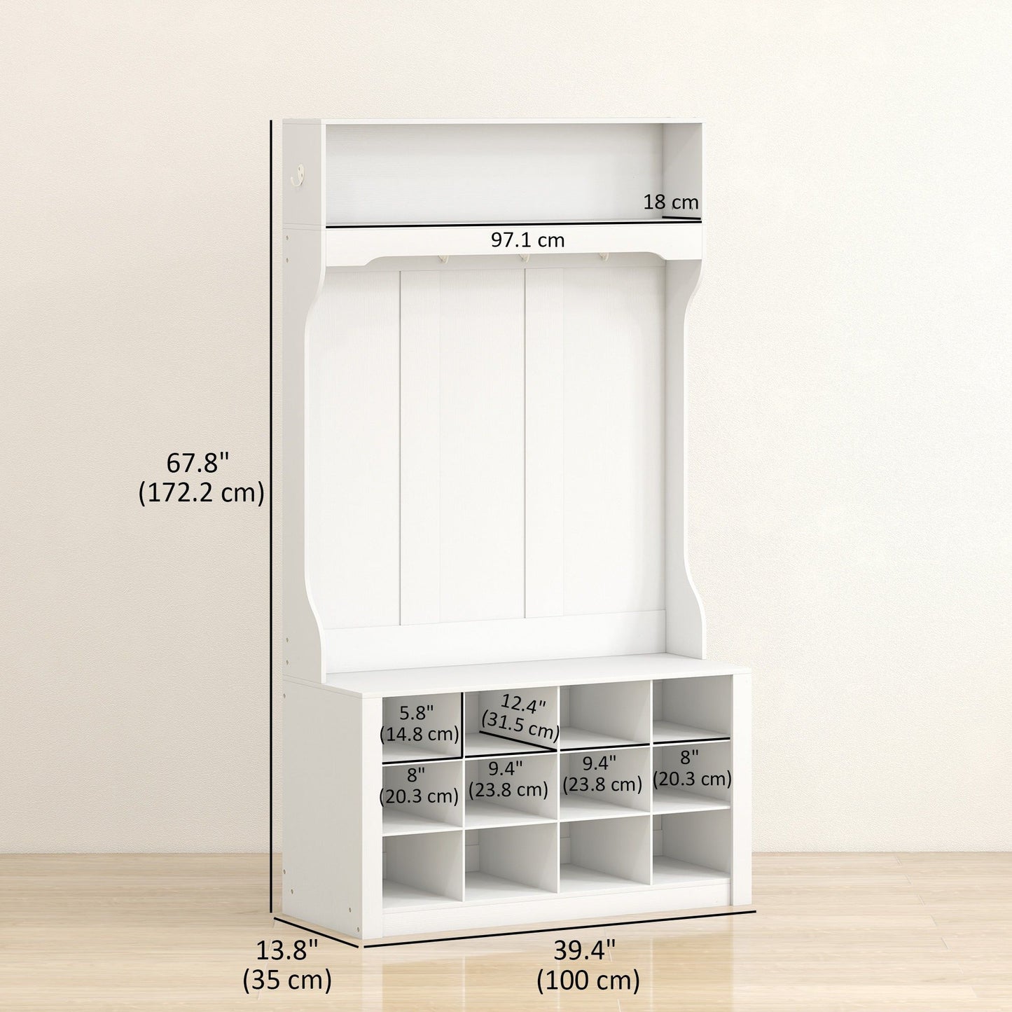 4-in-1 Hall Tree Bench with 12 Shoe Cubbies - White