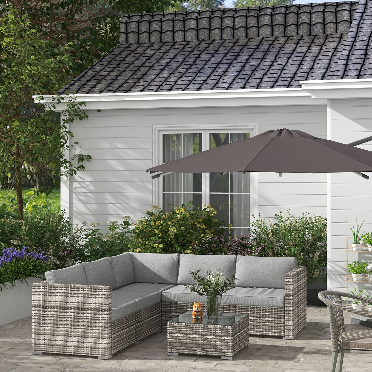4 Pieces Rattan Wicker Outdoor Conversation Furniture Set w/ Corner Sofa Loveseats Coffee Table Cushions, Mixed Grey