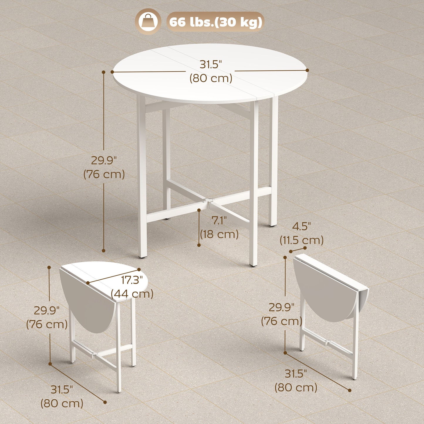Drop Leaf Table, Folding Dining Table for Small Spaces 80 cm, White