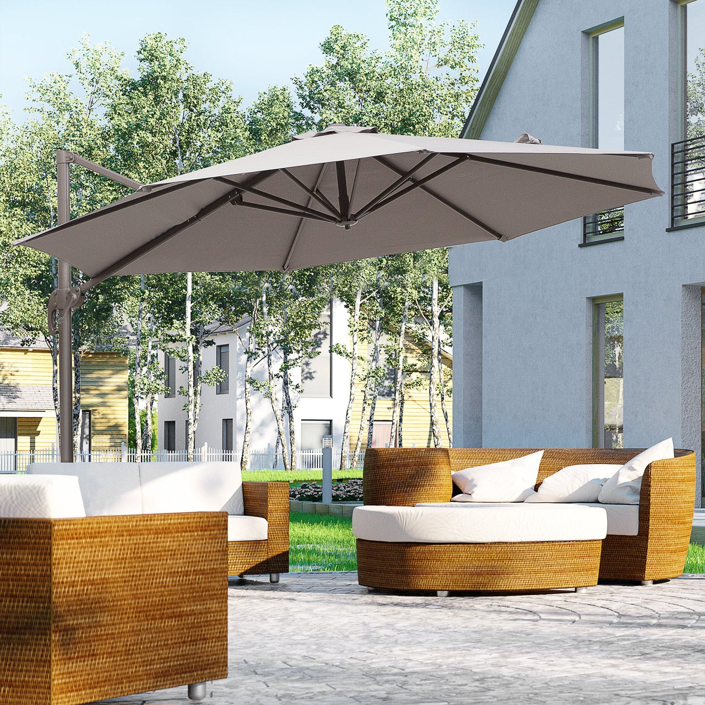 10ft Cantilever Patio Umbrella with 360° Rotation, Crank & Cross Base for Garden Deck Pool Backyard, Grey