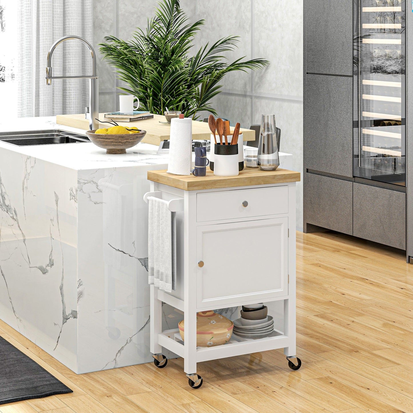 Rolling Kitchen Island Cart with Towel Rack - White