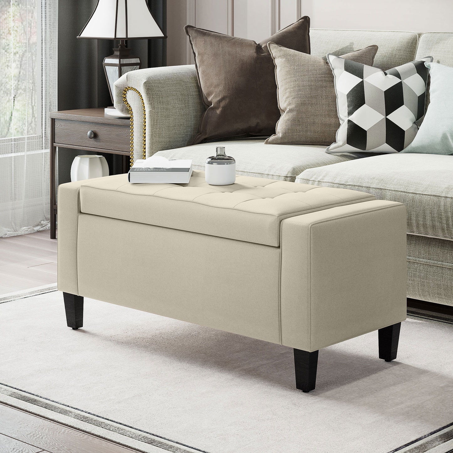 36" Storage Ottoman Bench, Linen-Look Fabric End of Bed Bench with Solid Wood Frame and Legs, Tufted Storage Chest, Footrest for Living Room, Bedroom, Entryway, Beige