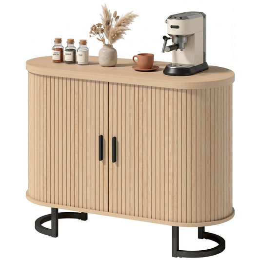 Sideboard Buffet Cabinet with Curved Tambour Doors - Natural Wood
