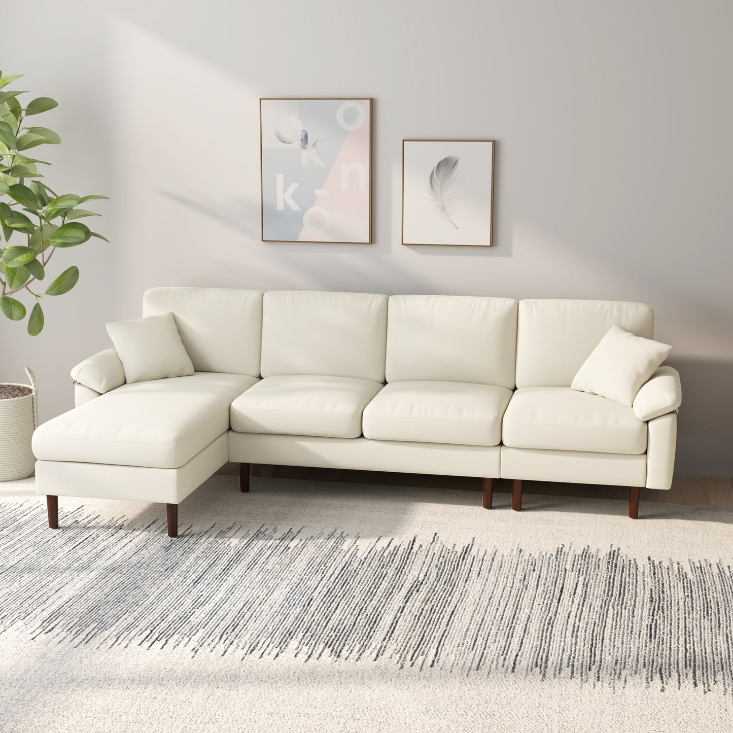 Modern L-Shape Sectional Sofa with Reversible Chaise - Cream White