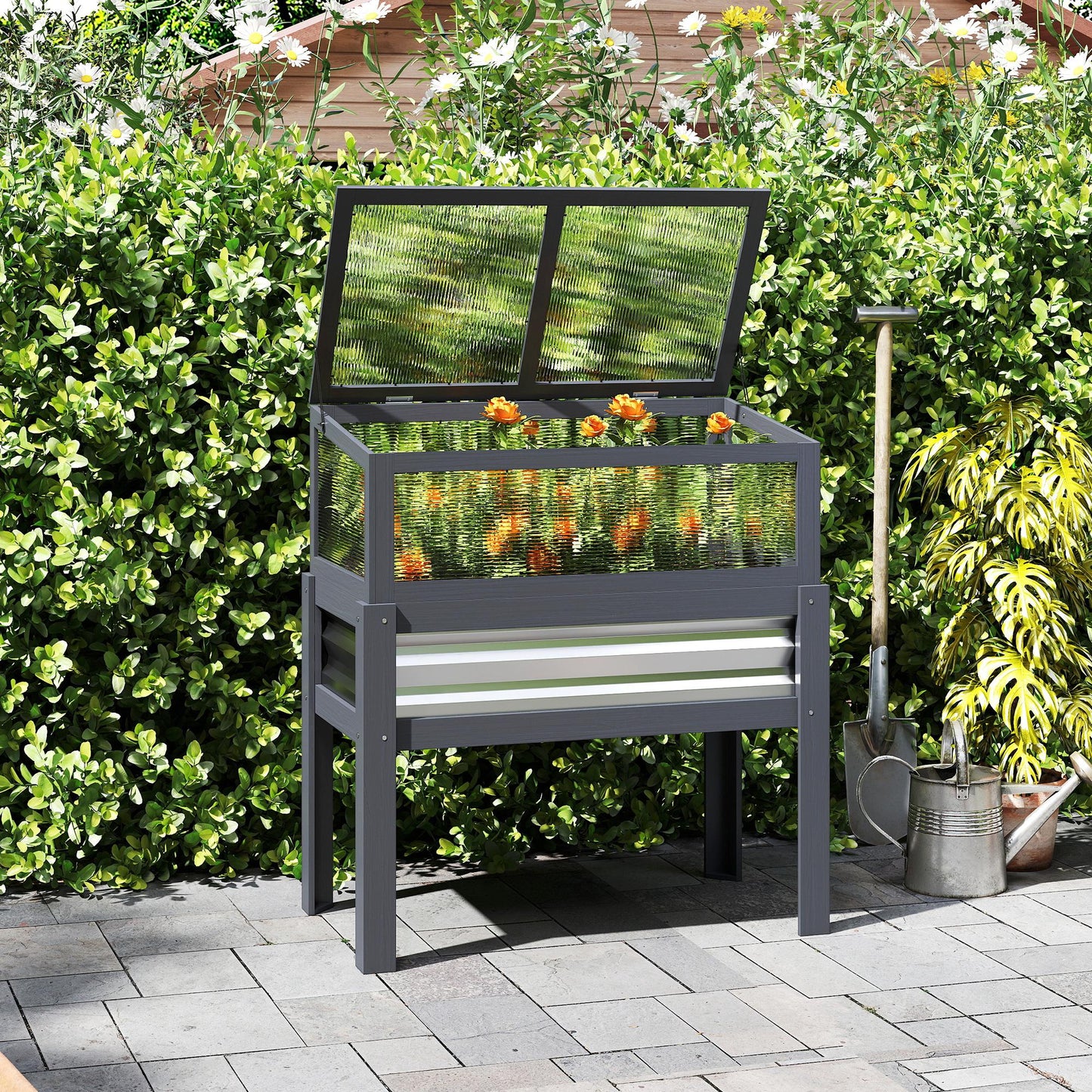 Raised Garden Bed with Flip-Up Greenhouse Top, Wooden Elevated Planter Box with Legs and Liner, Grey