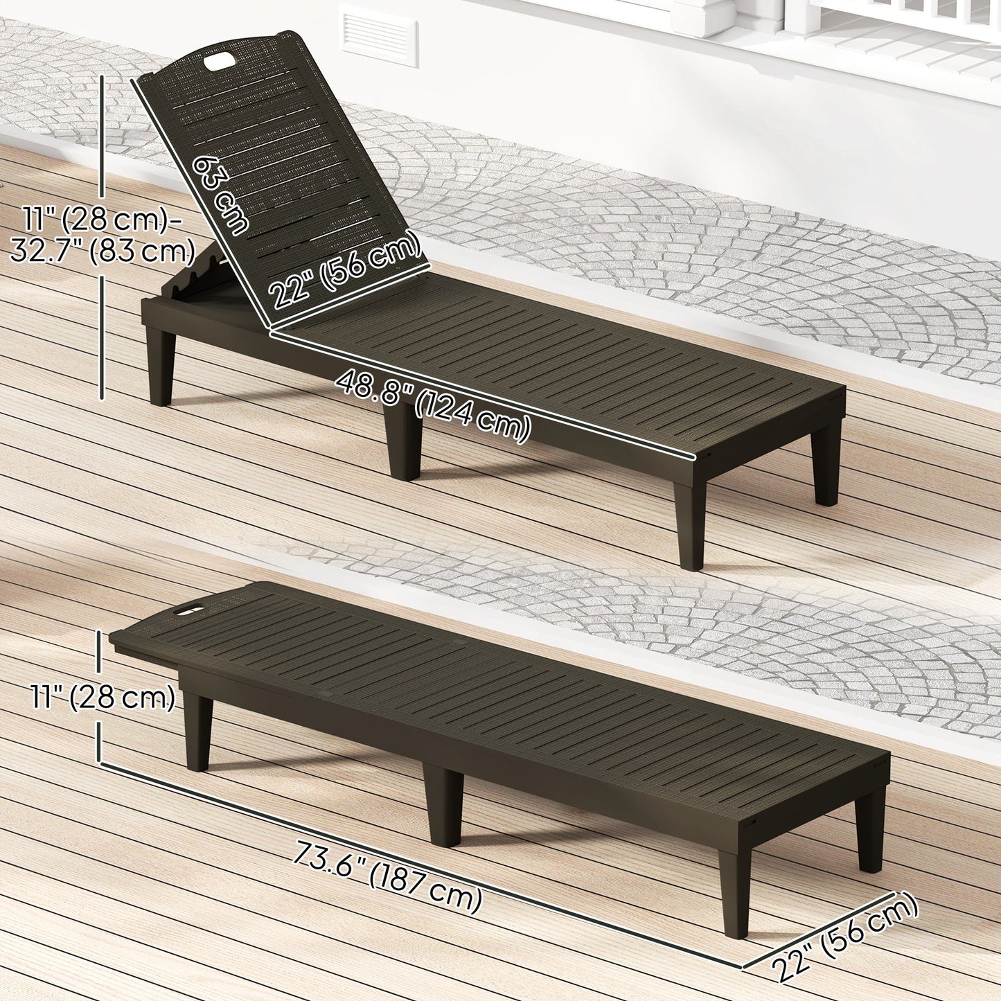 Outdoor Lounge Chair Set of 2, Waterproof Resin Lounge Chairs with 4-Position Adjustable Backrest for Backyard, Black
