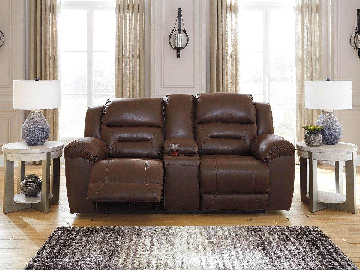 Stoneland - Chocolate - Dbl Reclining Loveseat with Console - Faux Leather - Forward Furniture