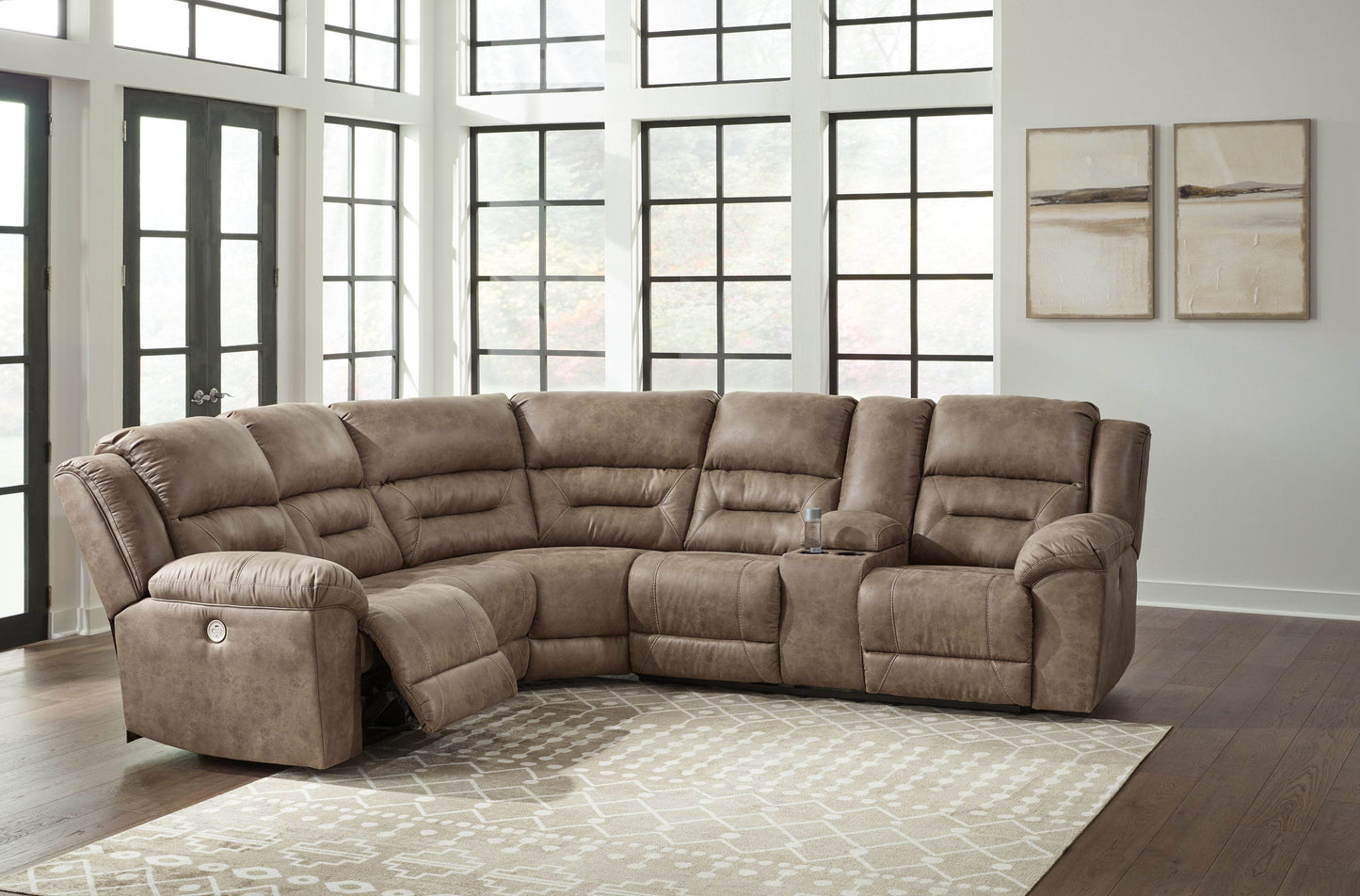 Ravenel - Fossil - 3-Piece Power Reclining Sectional With Raf Power Reclining Loveseat With Console - Faux Leather - Forward Furniture