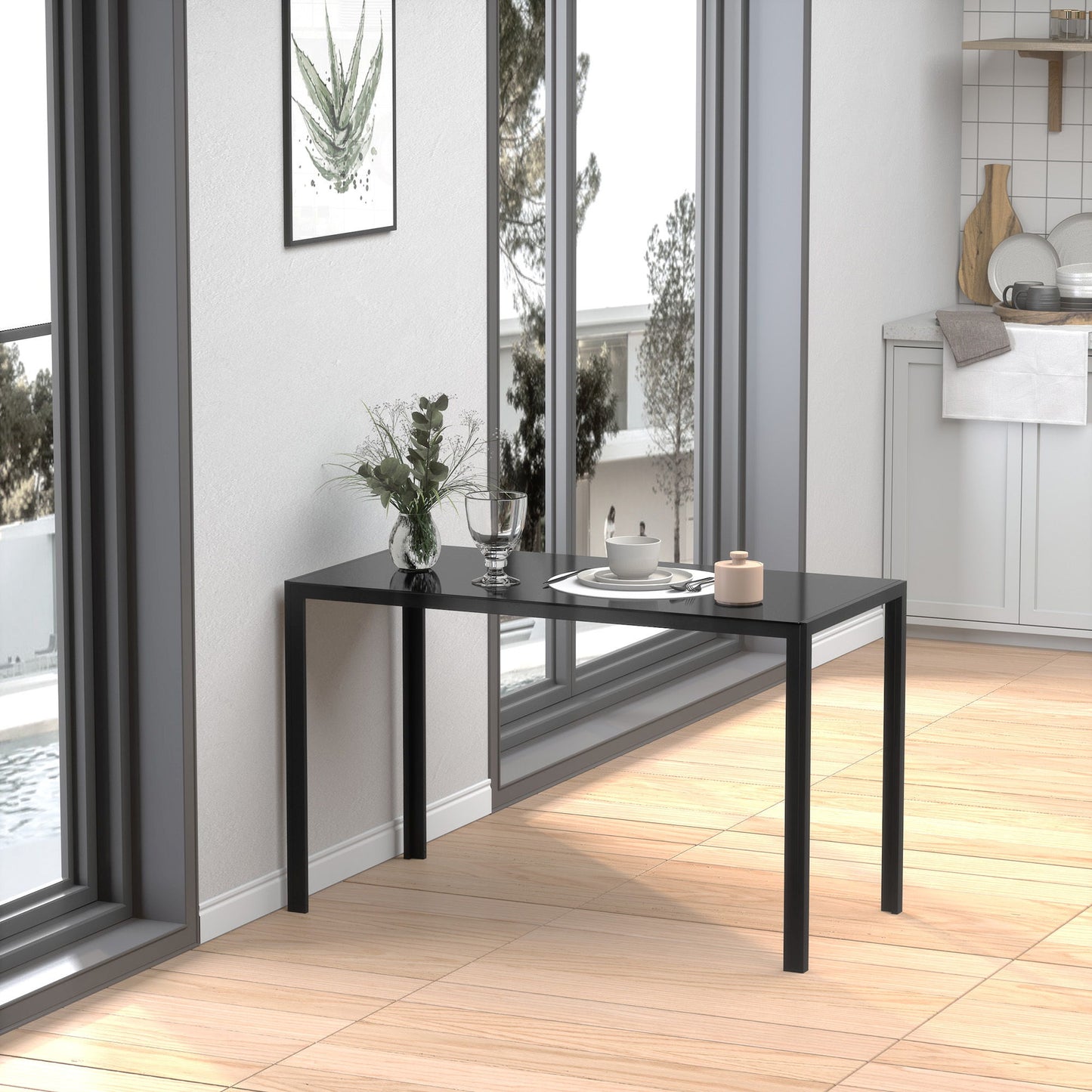 Rectangular Kitchen Table for 4 People, Dining Table with Tabletop Tempered Glass for Dining Room, Living Room, Black