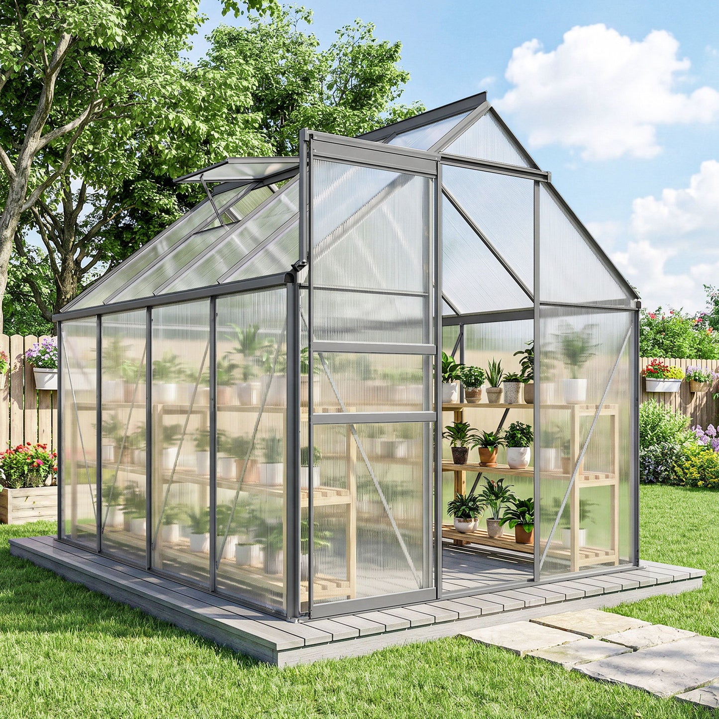 6' x 8' x 6.5' Polycarbonate Greenhouse, Walk-in Green House with Adjustable Roof Vent Galvanized Base Sliding Door Rain Gutter for Outdoor Garden Backyard, Charcoal Grey