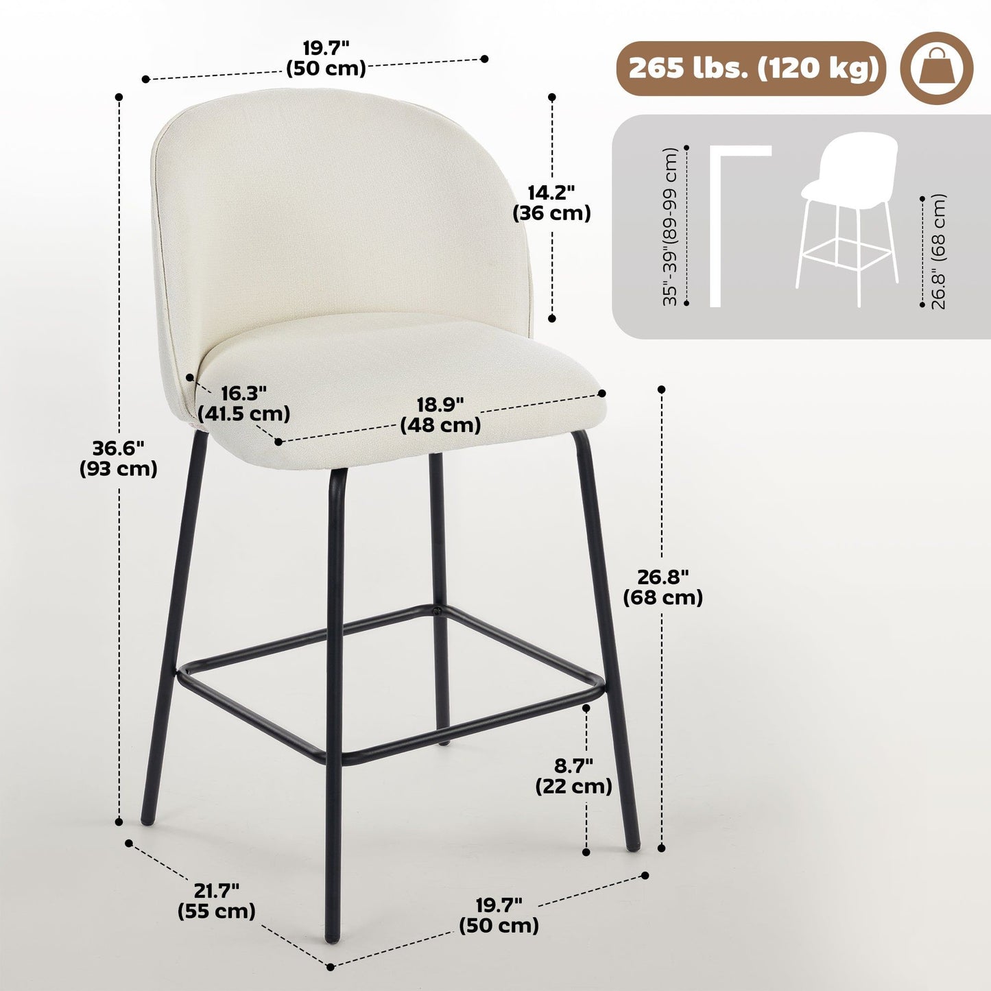 Counter Height Linen Bar Stools Set of 2 - Cream White