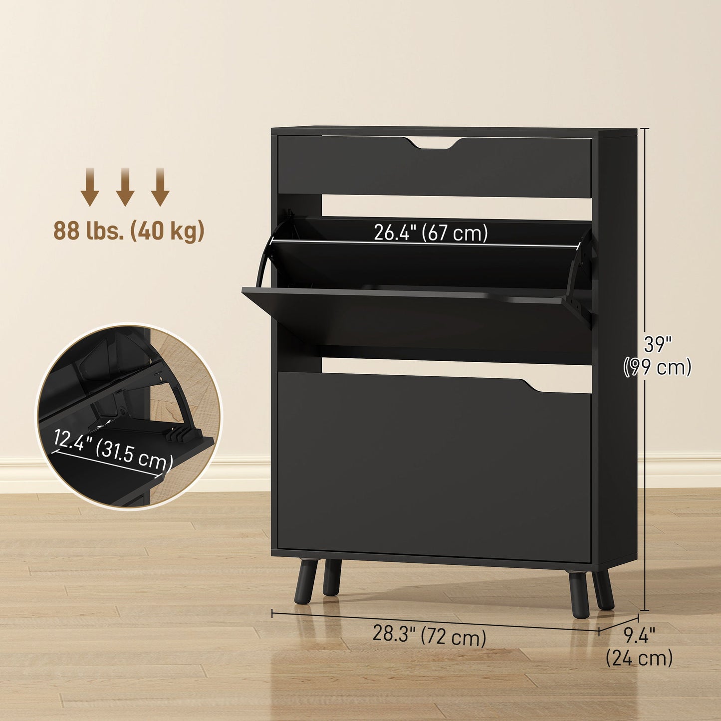 Narrow Shoe Cabinet for Entryway with 2 Flip Drawers, Top Drawer and Adjustable Shelves for 12 Pairs of Shoes, Black
