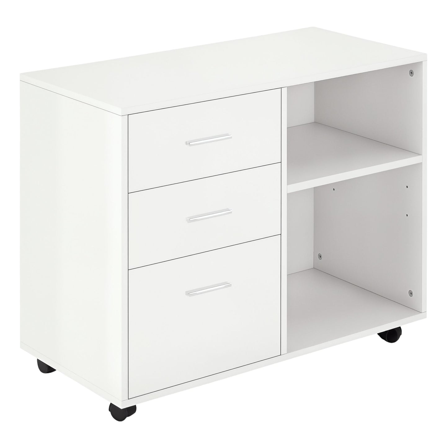 Modern Lateral Filing Cabinet, 3 Drawer File Cabinet for Letter and A4 Size Documents, Mobile, Printer Stand with Open Shelves, Rolling Wheels, White