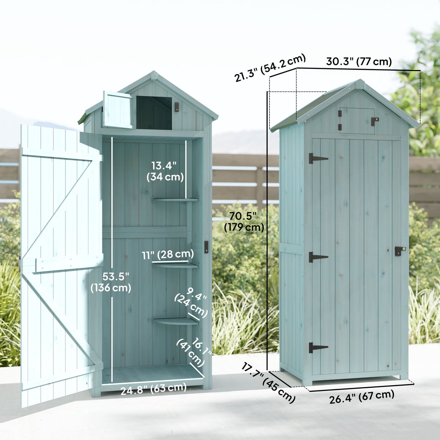 30" x 21" x 71" Garden Storage Shed, Outdoor Tool Utility Storage House with 3 Tier Shelves and Roof, Blue
