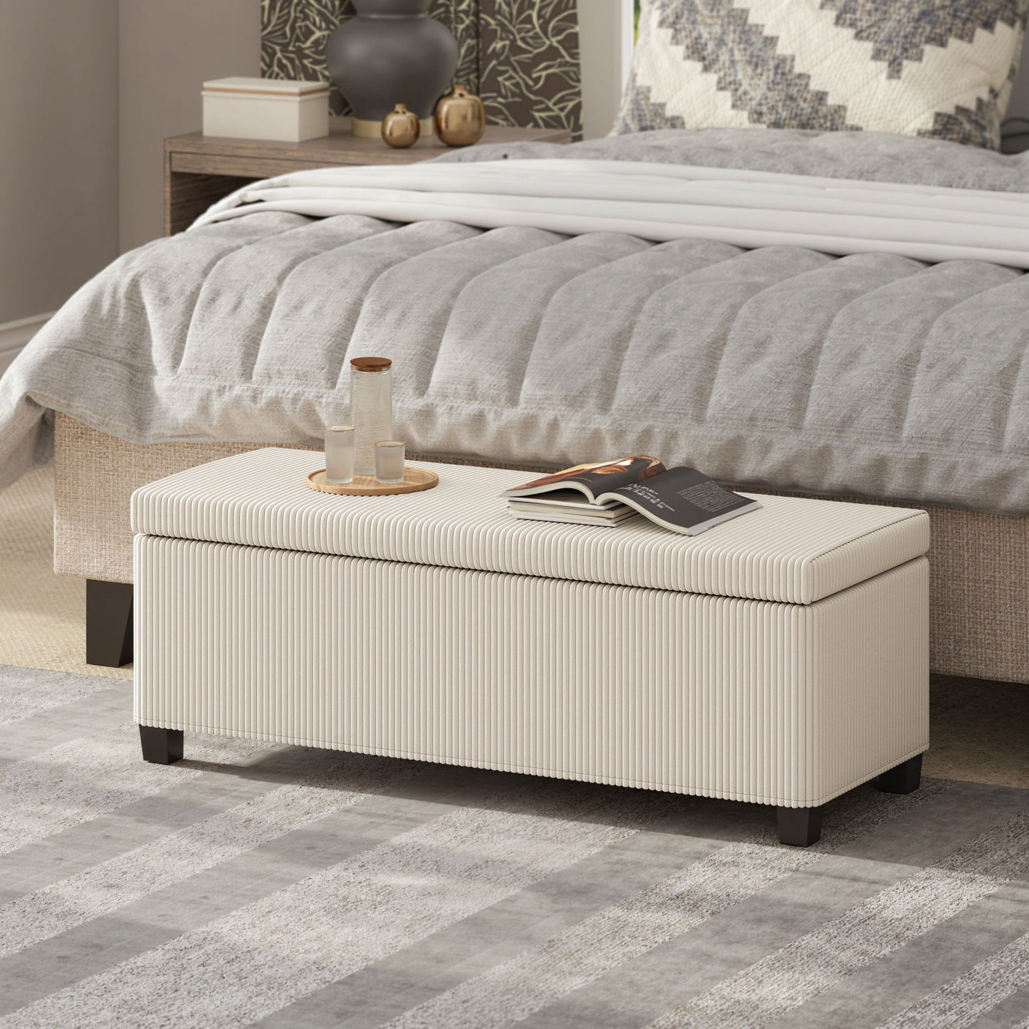 44 Inches Ottoman with Storage, Lid, Legs, Corduroy End of Bed Bench for Living Room, Bedroom, Entryway, Beige