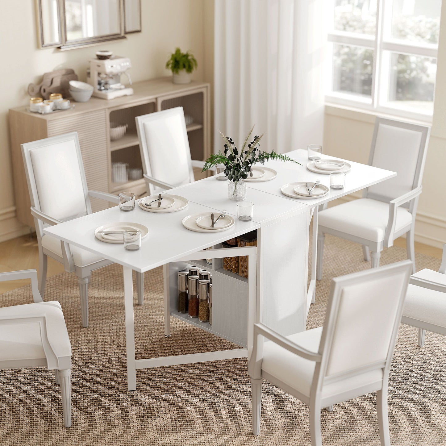 Multi-use Foldable Table with Hideaway Shelves, Drop Leaf Table for Kitchen, Dining, Study and Office, White