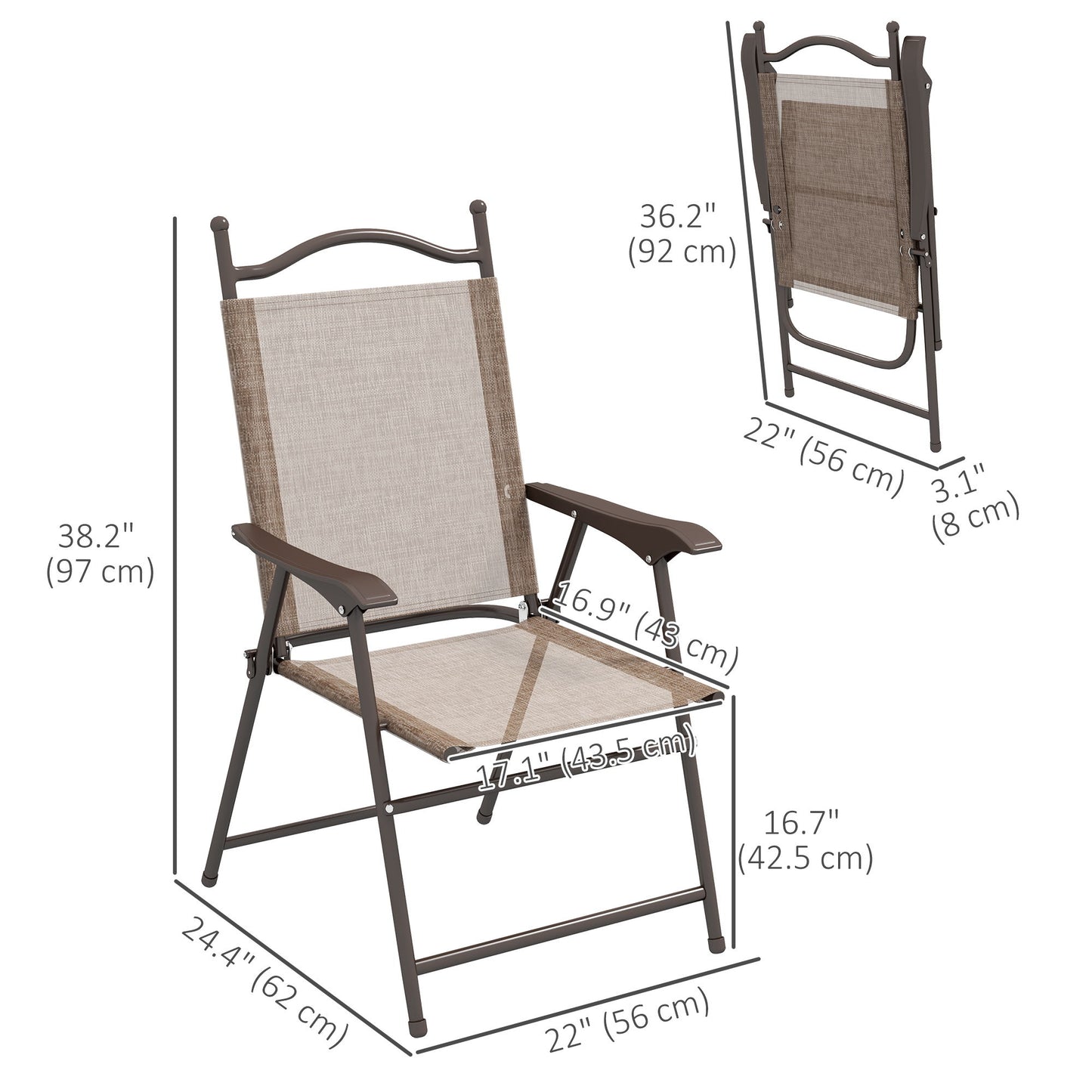 2 Pieces Folding Patio Camping Chairs Set, Sports Chairs for Adults with Armrest, Mesh Fabric Seat for Lawn