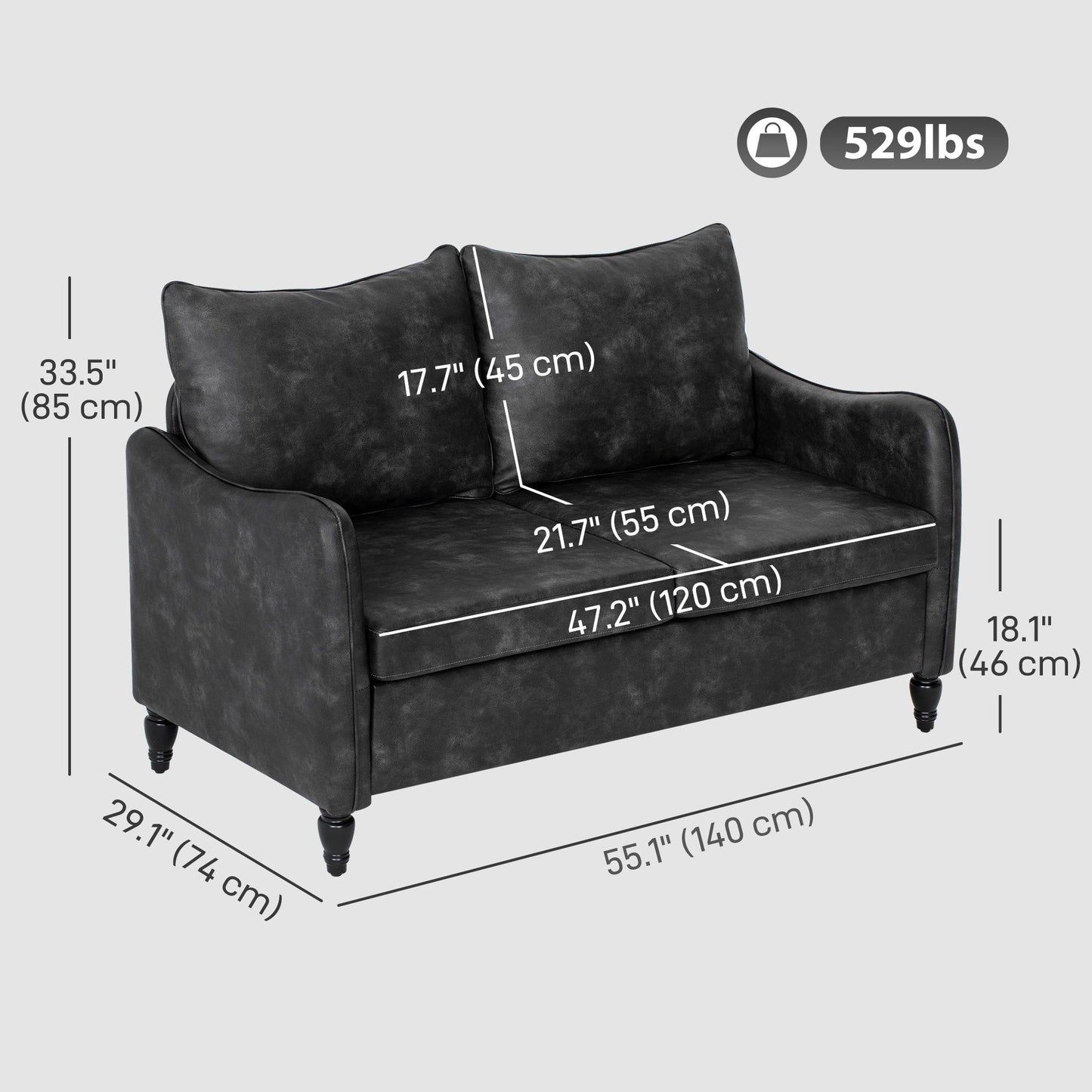 55" 2-Seater Loveseat Sofa with Wood Legs - Grey