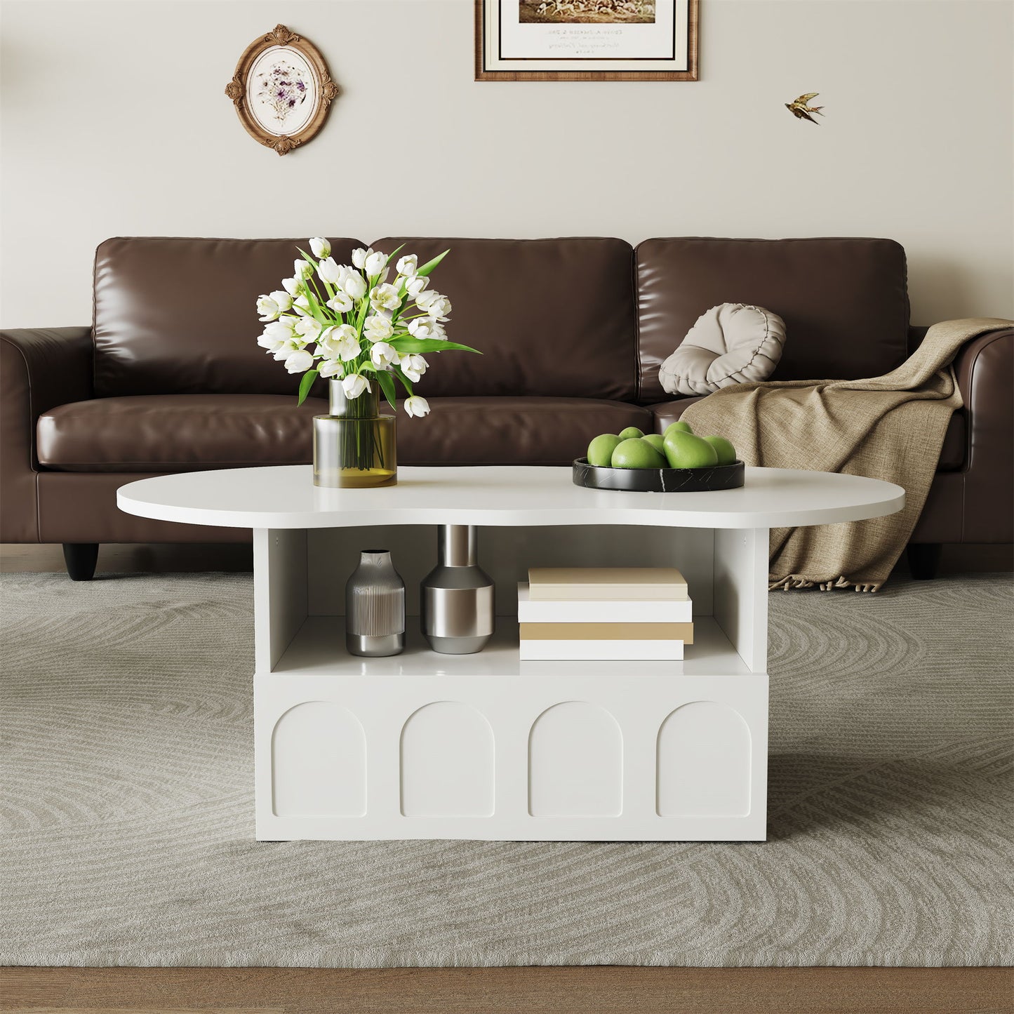 Cloud Coffee Table with Drawer and Open Storage, Particle Board, Cloud Coffee Table with Functional Design, 39.5" L x 23.5" W x 15" H, White