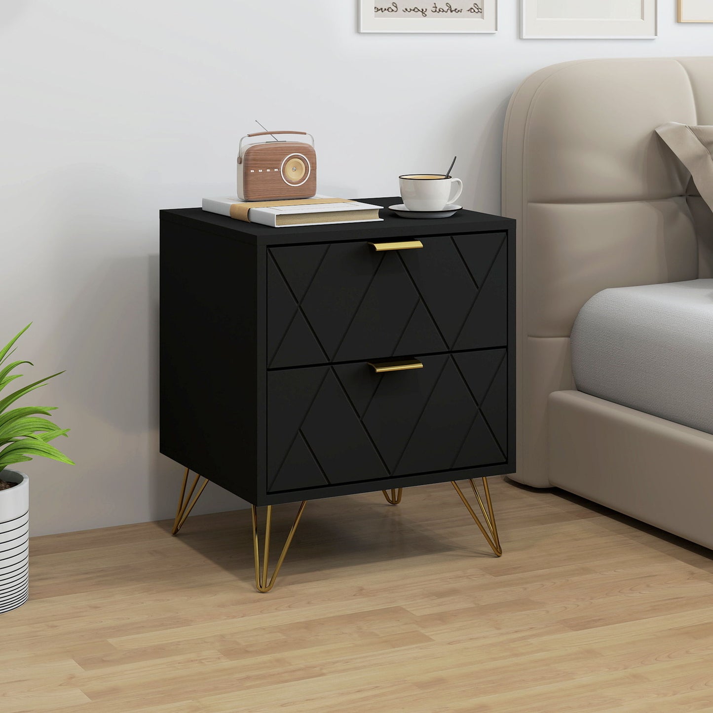Modern Bedside Table, Accent Nightstand with 2 Drawers, Bed End Table for Bedroom, Black