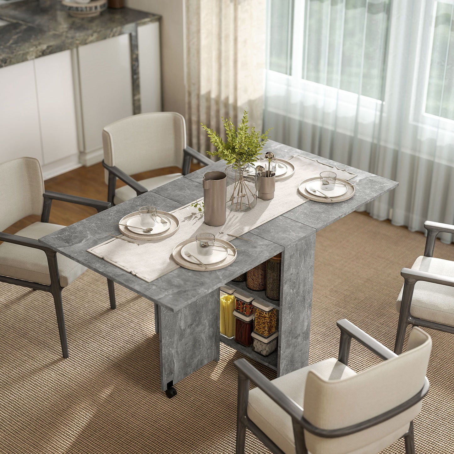 Extendable Dining Table, Collapsible Folding Table w/ 2-tier Shelves and Rolling Casters, Grey