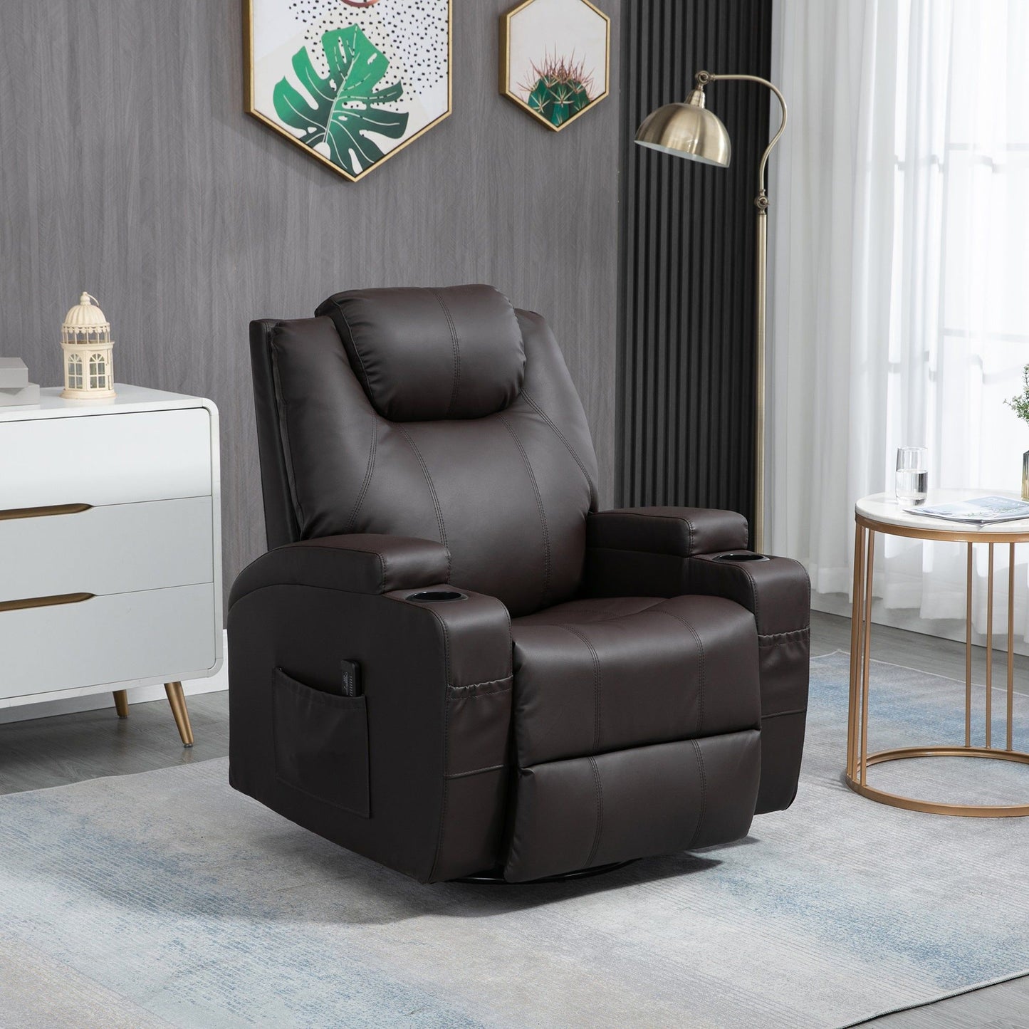 Swivel Massage Recliner with 8 Vibration Points - Brown