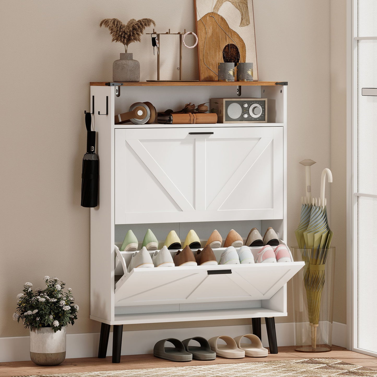 Shoe Storage Cabinet with 2 Flip Drawers, Farmhouse Narrow Shoe Cabinet, Holds Up to 16 Pairs, White
