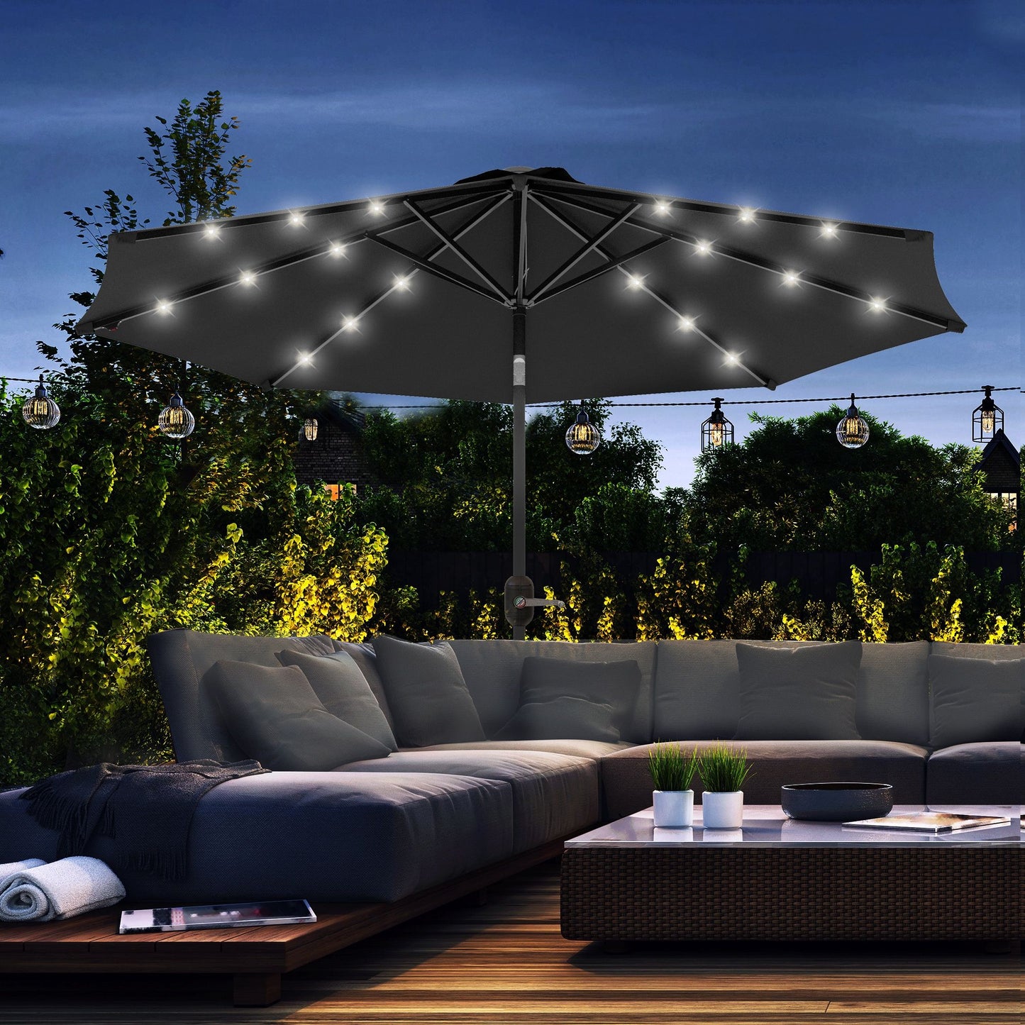 9ft Solar Patio Umbrella Outdoor Sunshade 24 LED Lights Tilt Canopy Black