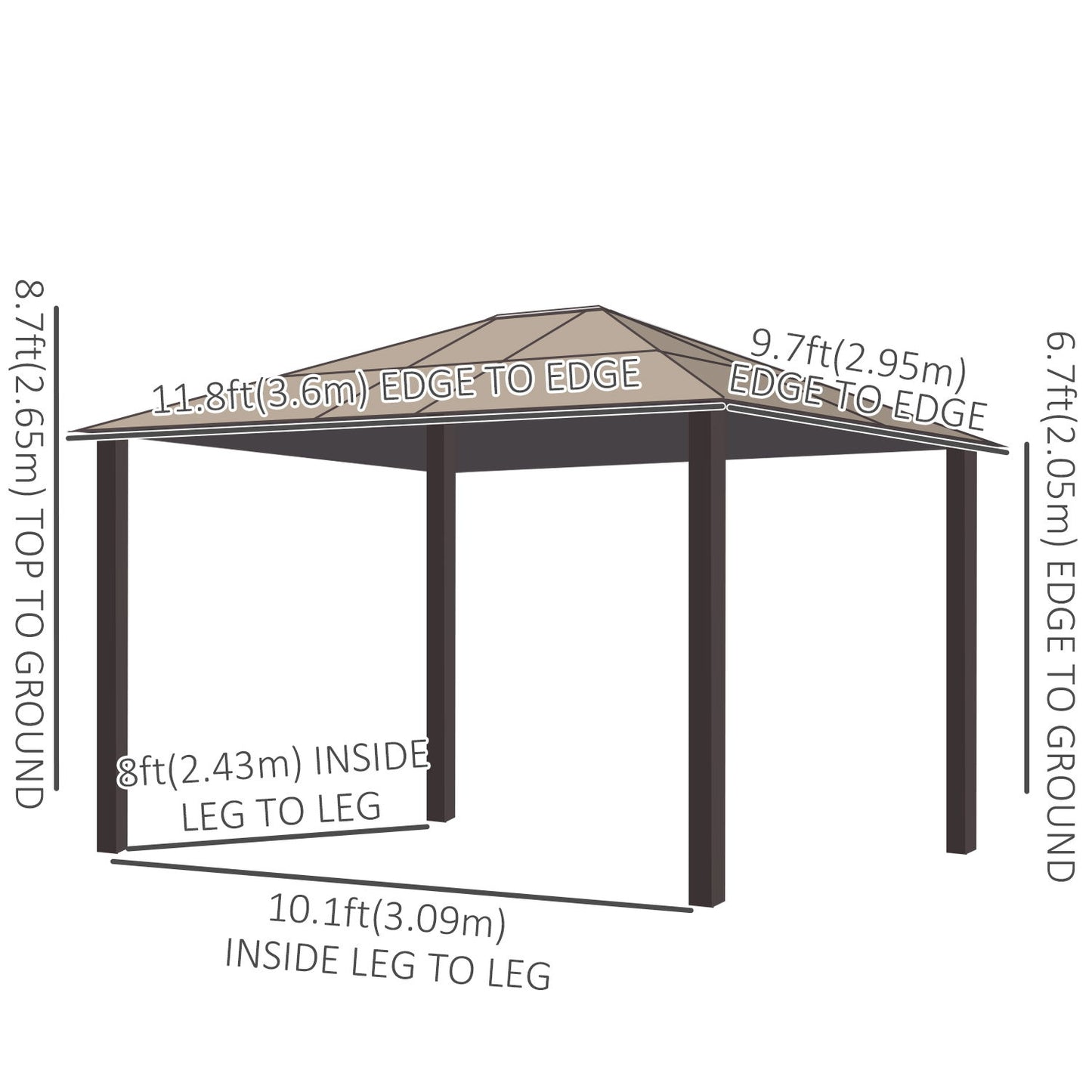 10' x 12' Hardtop Gazebo Canopy with Polycarbonate Roof, Aluminum Frame, Netting, Curtains and Ceiling Hook, Brown