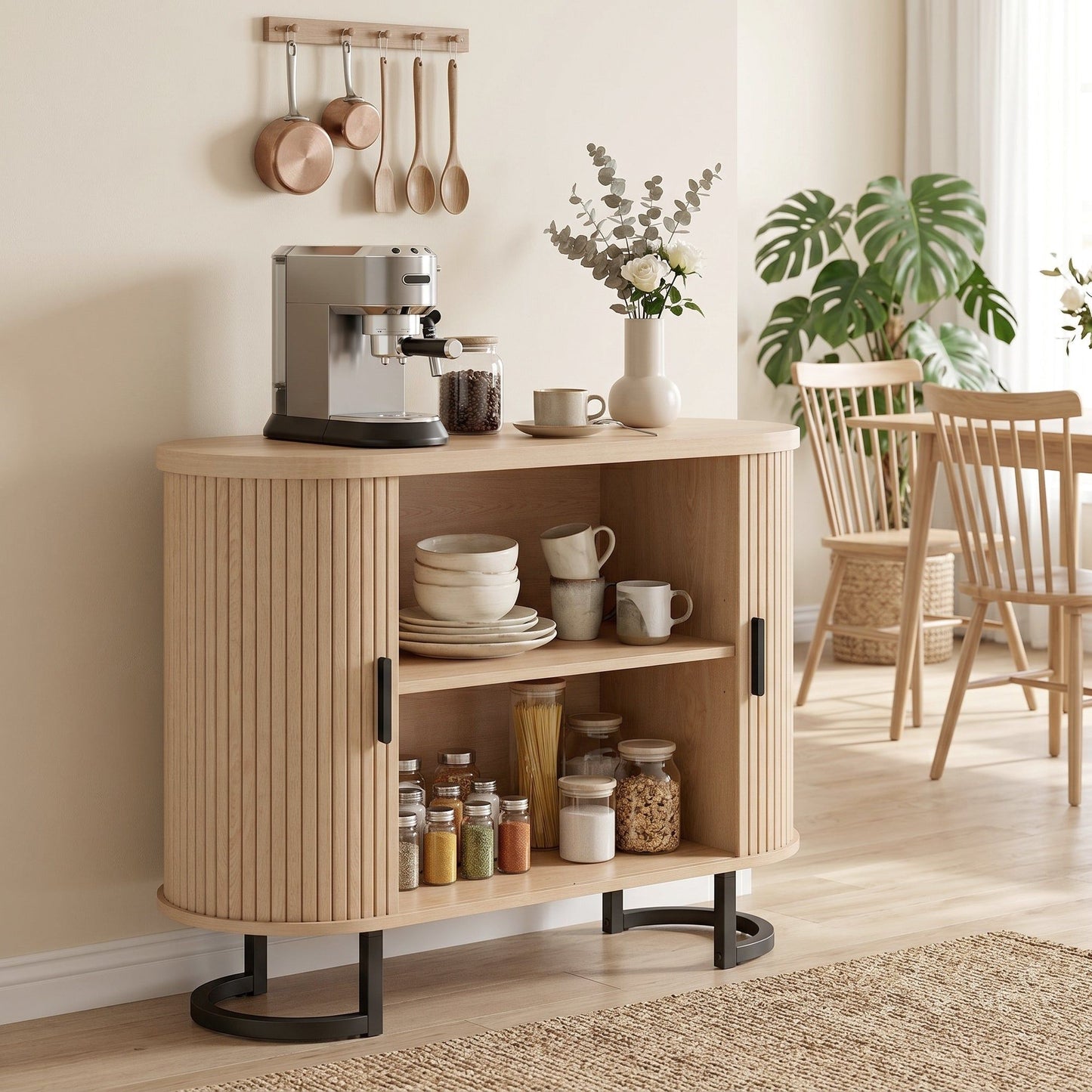 Sideboard Buffet Cabinet with Curved Tambour Doors - Natural Wood