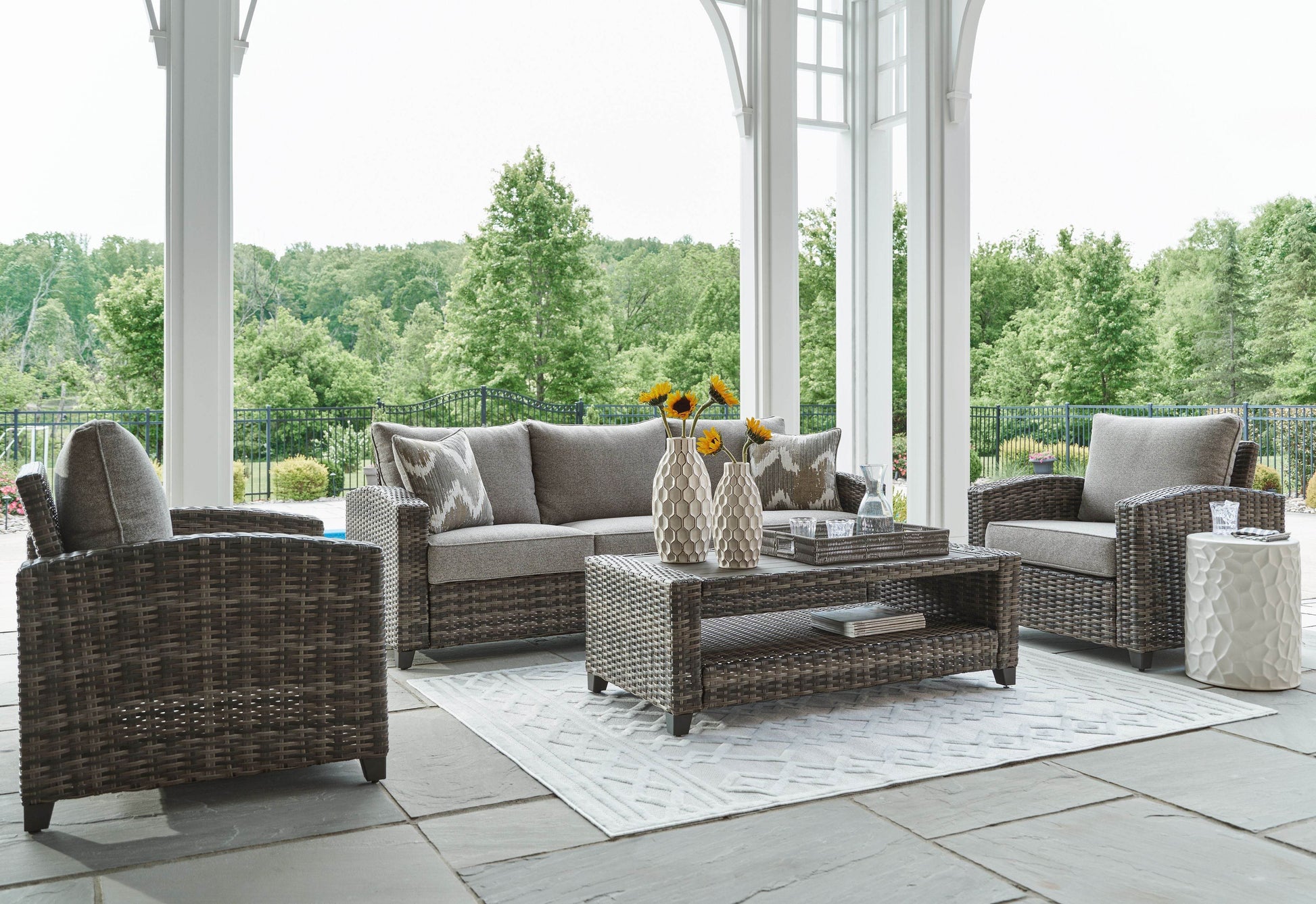 Oasis Court - Gray - Sofa, Chairs, Table Set (Set of 4) - Forward Furniture