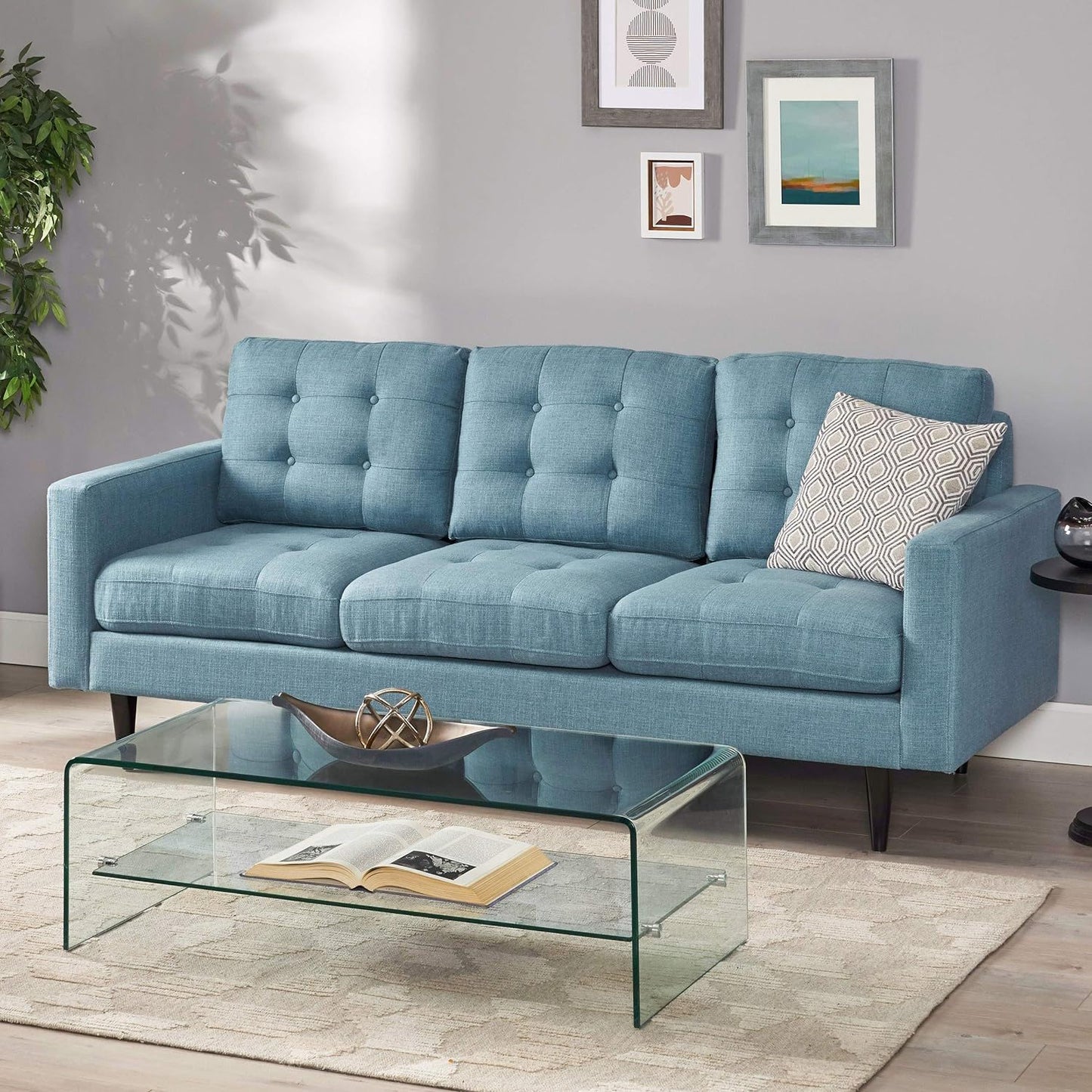 3-Seater Sofa with Button Tufted Waffle Stitch and Rubberwood Legs, 83" L x 33.5" W x 35.5" H, Blue