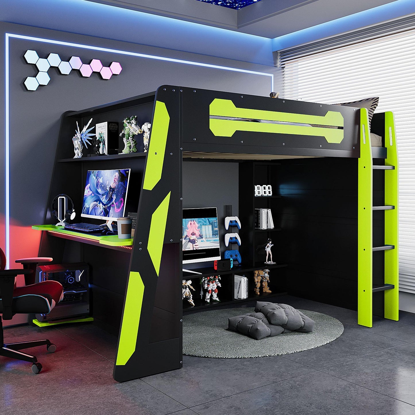 Full Size Wood Loft Bed with Under-Bed Console Storage, Esports-Style Bed Frame with Integrated Work Desk, 93.5'' L x 55.5'' W x 65'' H, Green