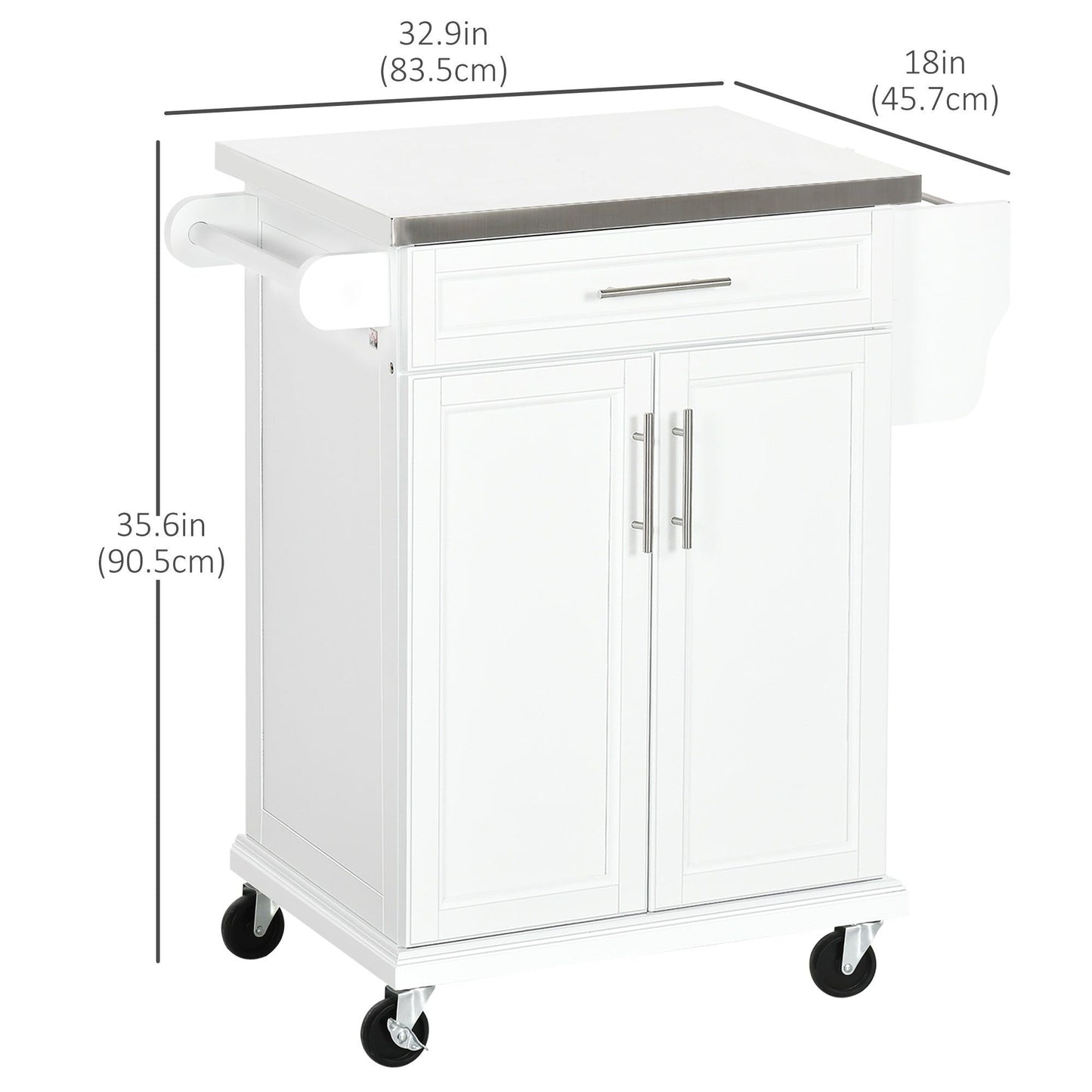Rolling Kitchen Island with Stainless Steel Top - White