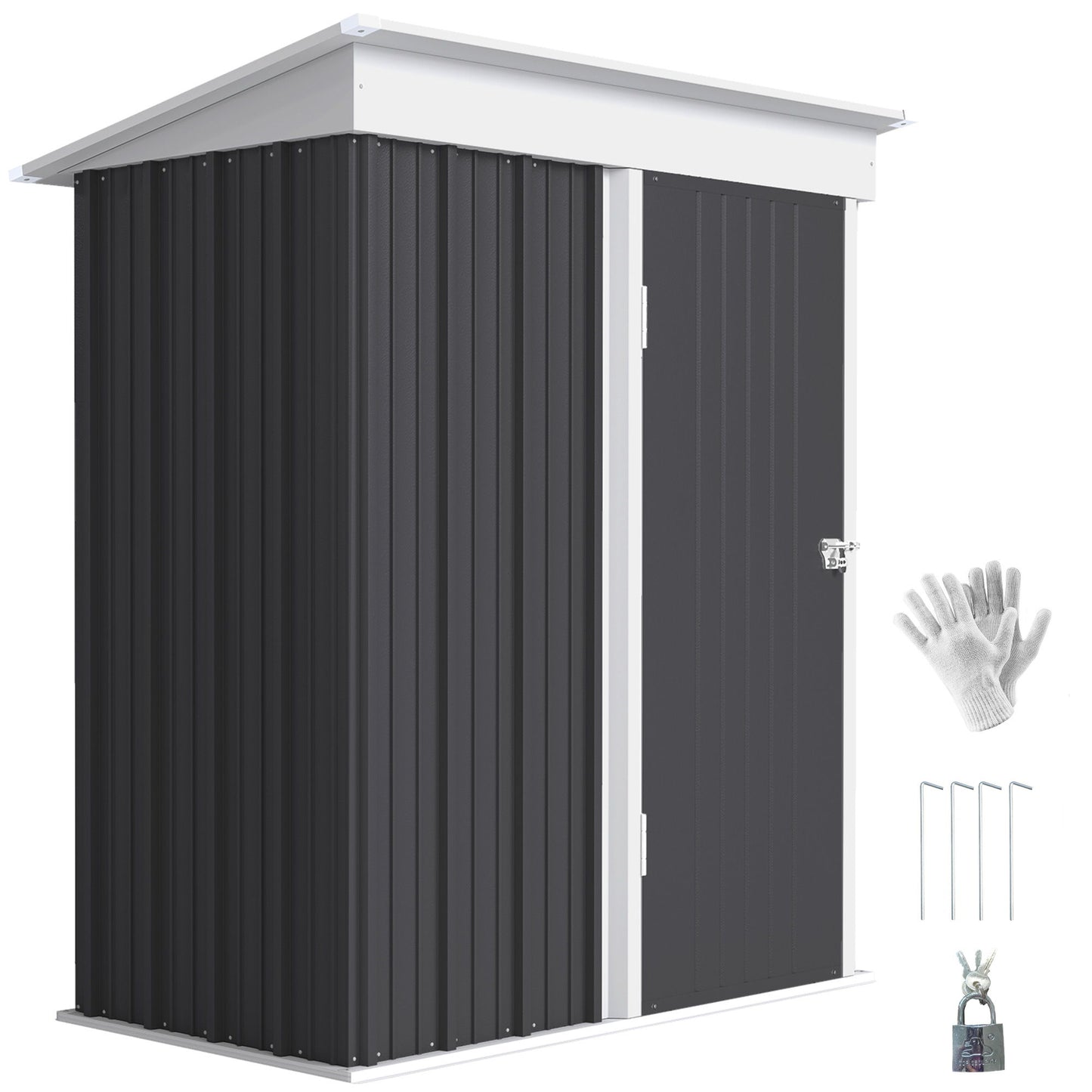 Outdoor Storage Shed, Steel Lean-to Shed with Adjustable Shelf, Lock, Gloves, 5'x3'x6', Dark Grey