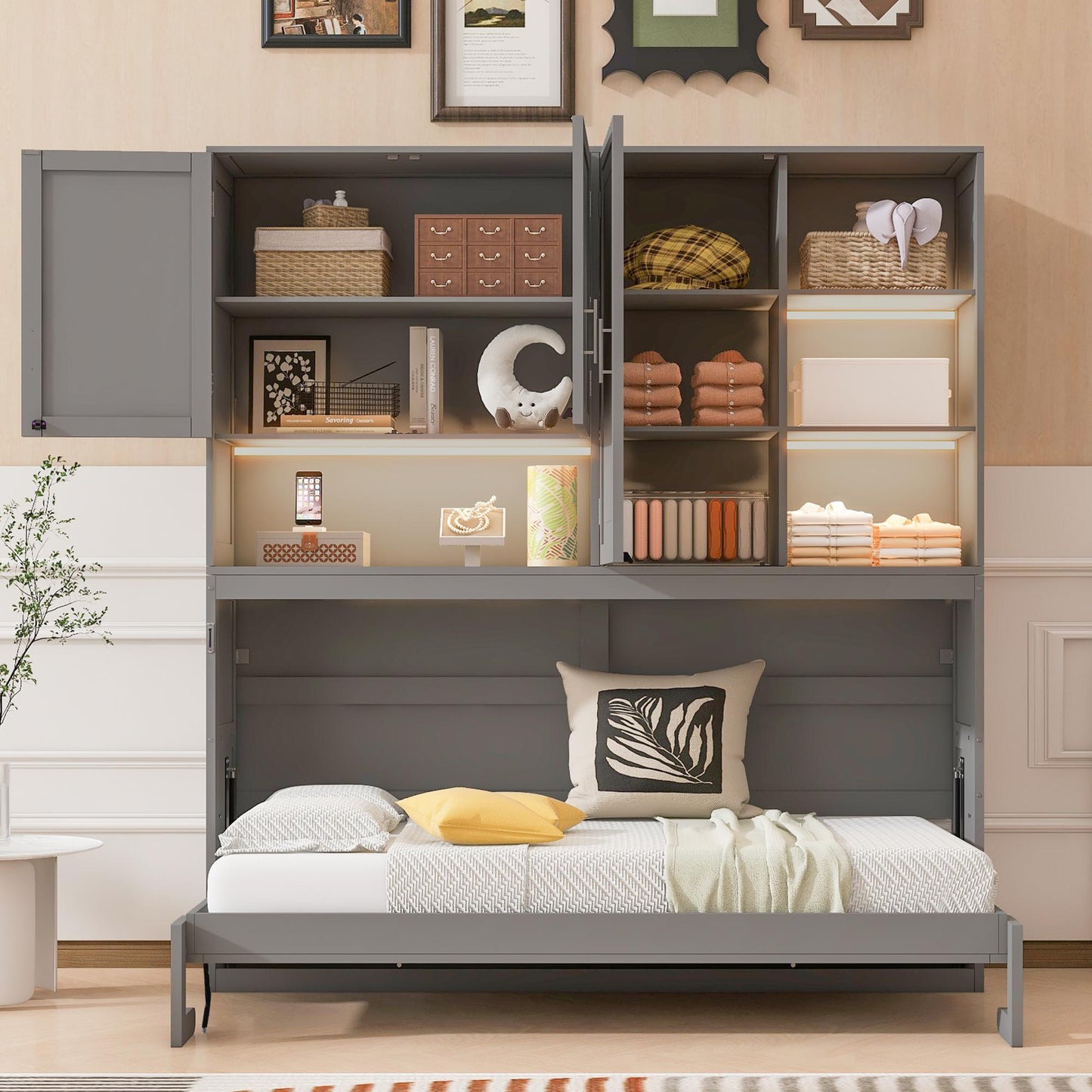 Twin-Size Wall Murphy Bed with Integrated Storage, Flexible Slat, Foldaway Bed with Dual-Piston Mechanism, 83'' L x 15.5'' W x 90.5'' H, Gray