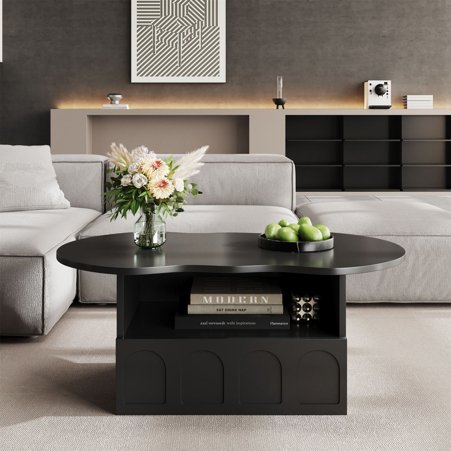 Cloud Coffee Table with Drawer and Open Storage, Particle Board and Modern Design, Easy to Install, 39.5" L x 23.5" W x 15" H, Black