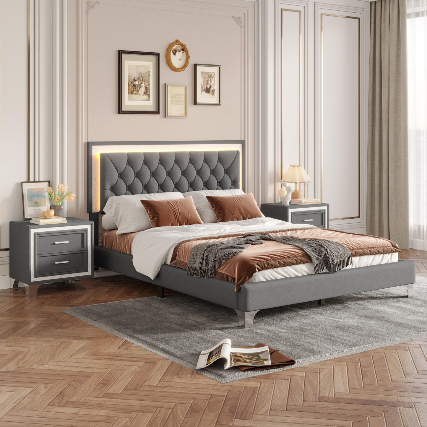 Queen Size Bedroom Set with Upholstered Platform Bed, LED Lights and 2 Nightstands, Bed for Living Room, 84" L x 64" W x 46" H, Gray