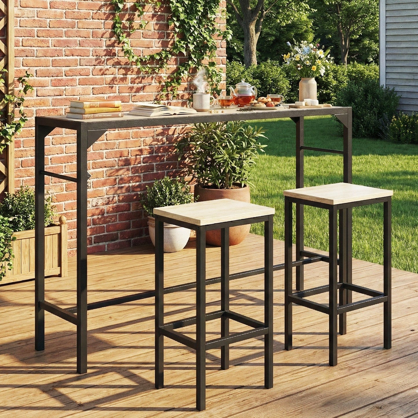 Bar Height Outdoor Table with Built-In Bottle Opener, Patio Bar Table with Wood Grain Plastic Top, 55" x 15" x 39"