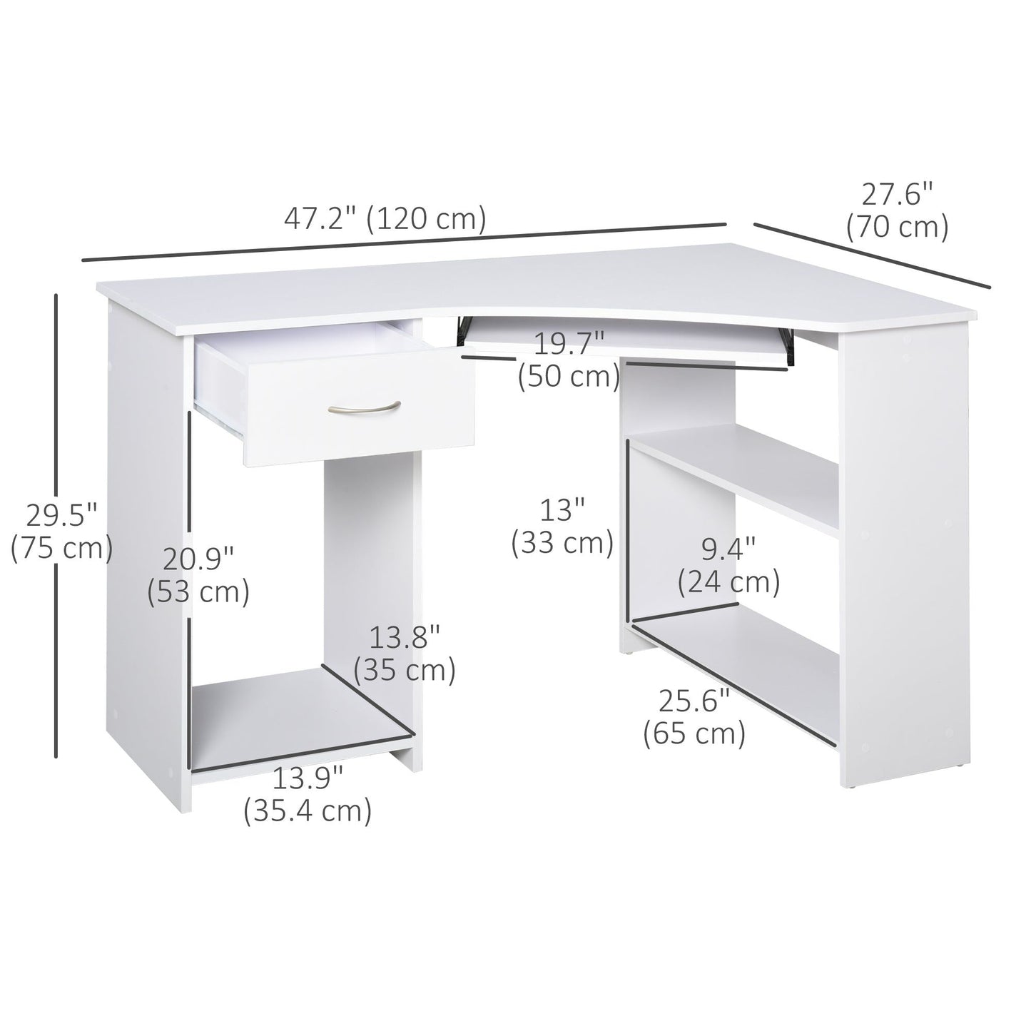 47" L-Shaped Computer Desk with Keyboard Tray - White