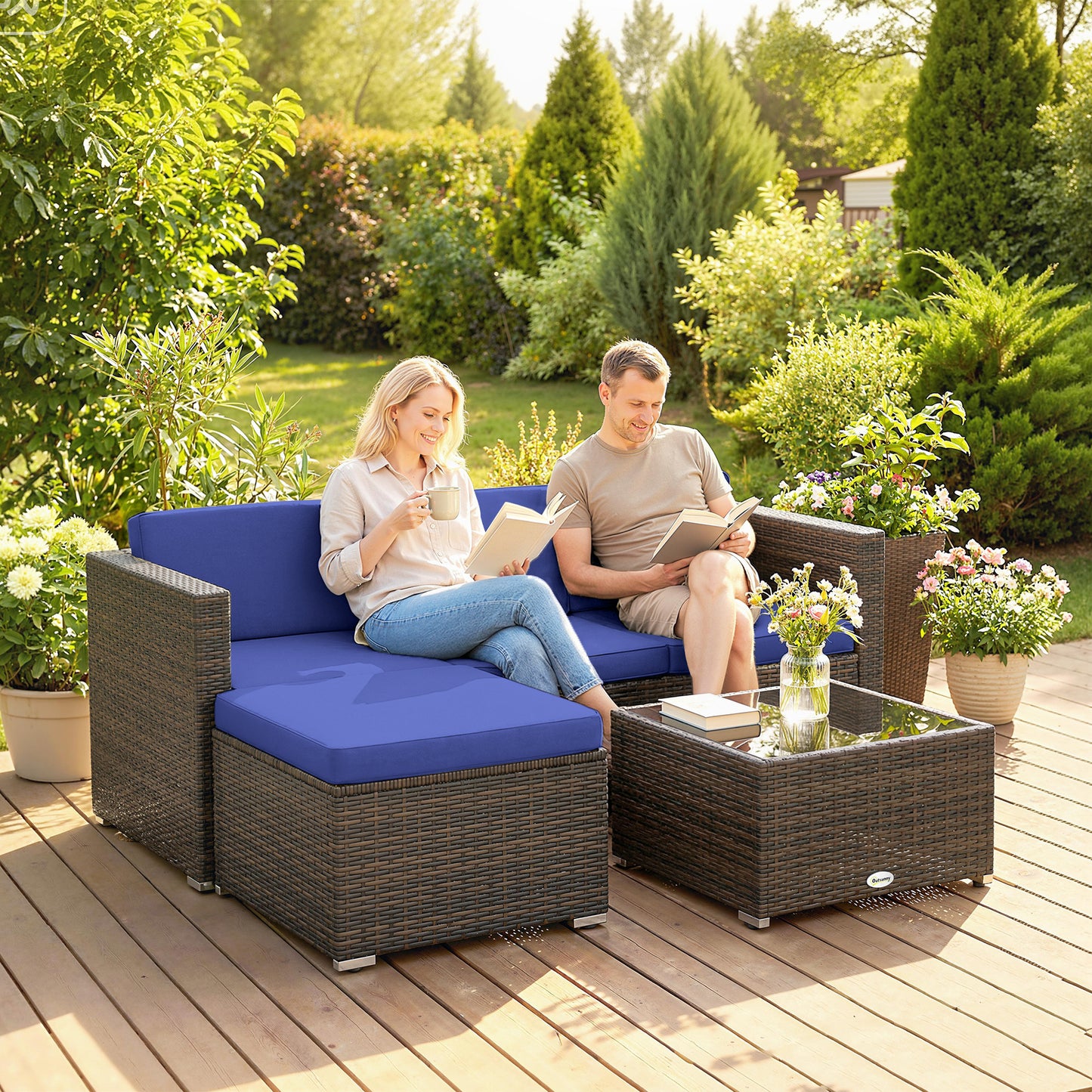 3 Pieces Patio Furniture Set with Cushions, Outdoor PE Rattan Wicker Conversation Corner Sofa Set with Glass Top Table