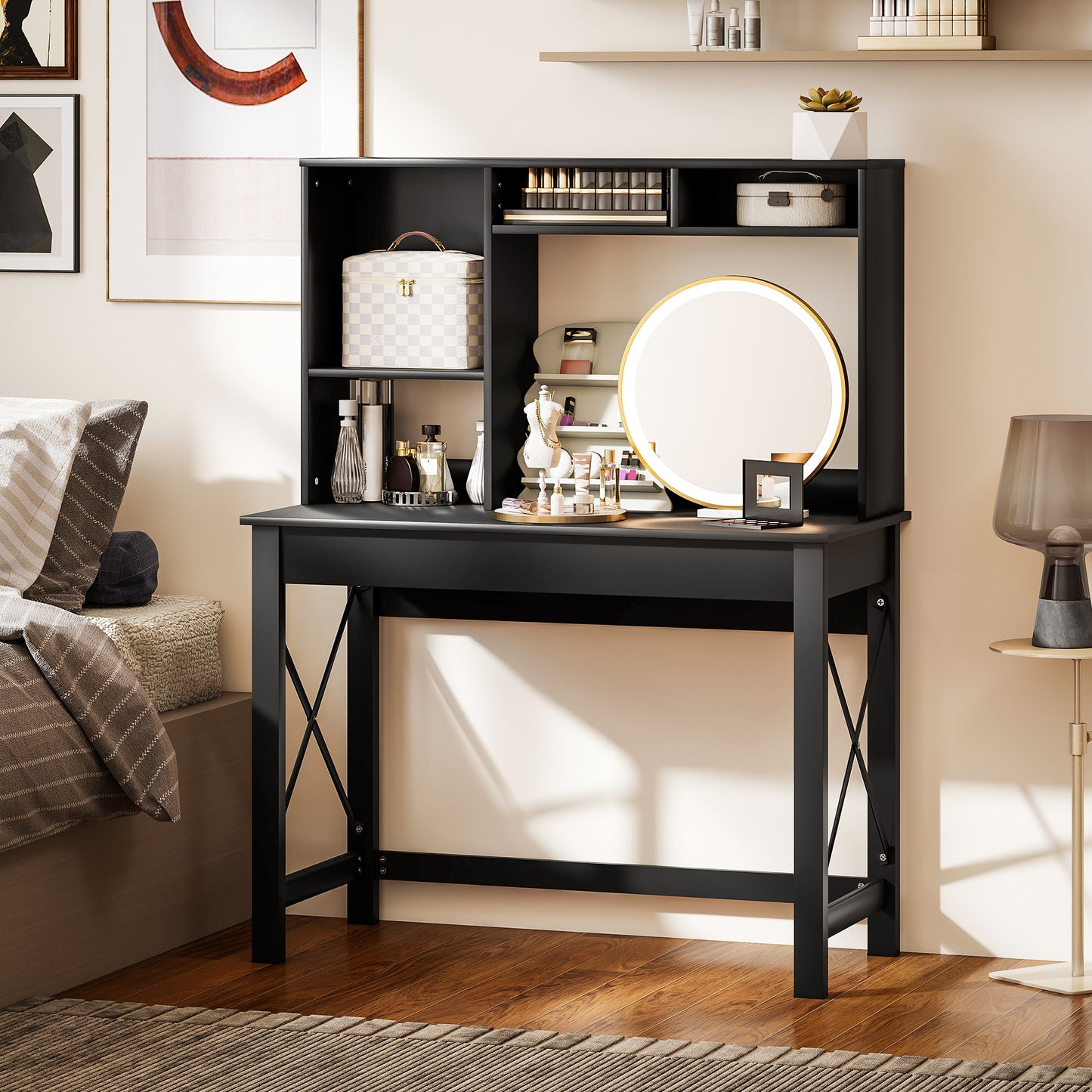 Computer Desk with Hutch, Home Office Table with Storage Shelves and Open Compartments for Writing, Work, Black