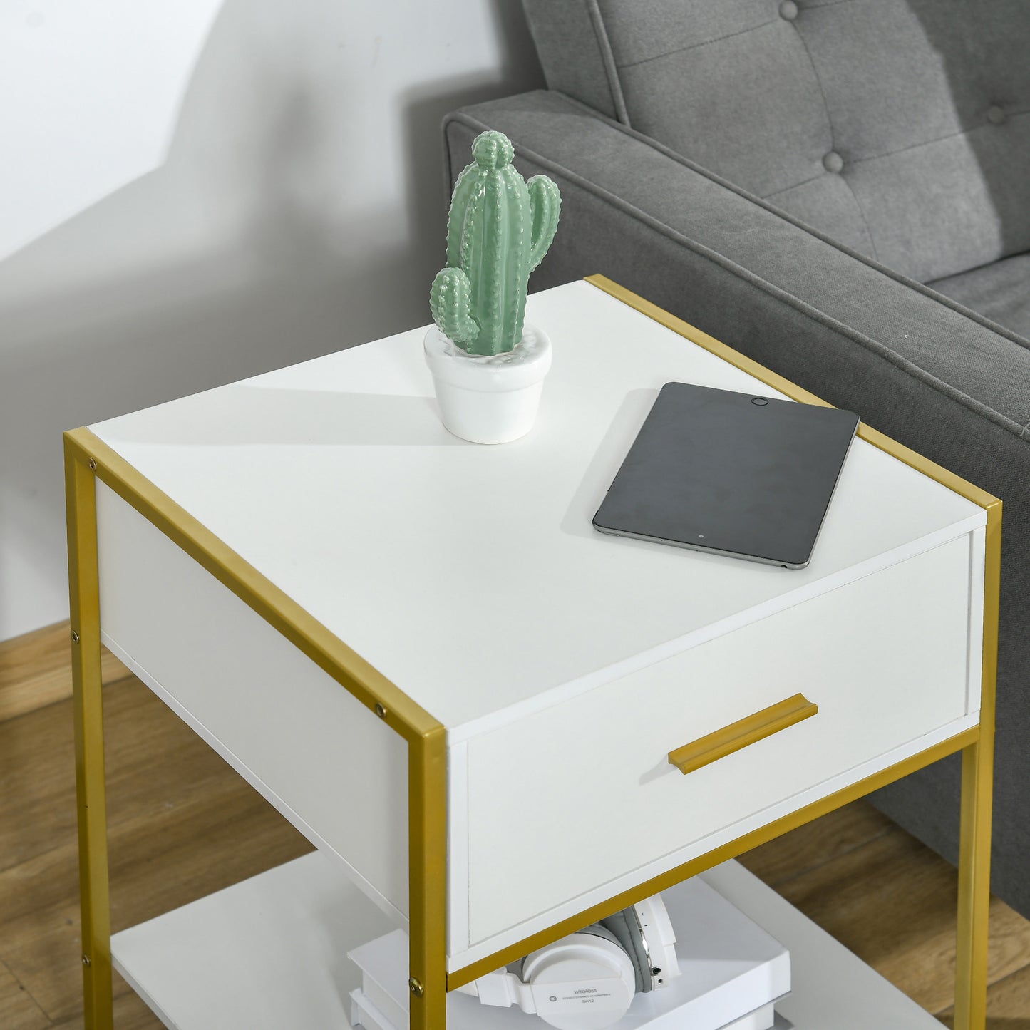 Nightstand Set of 2, Modern Bedside Table with Drawer and Shelf, Bedside Cabinets for Bedroom, White