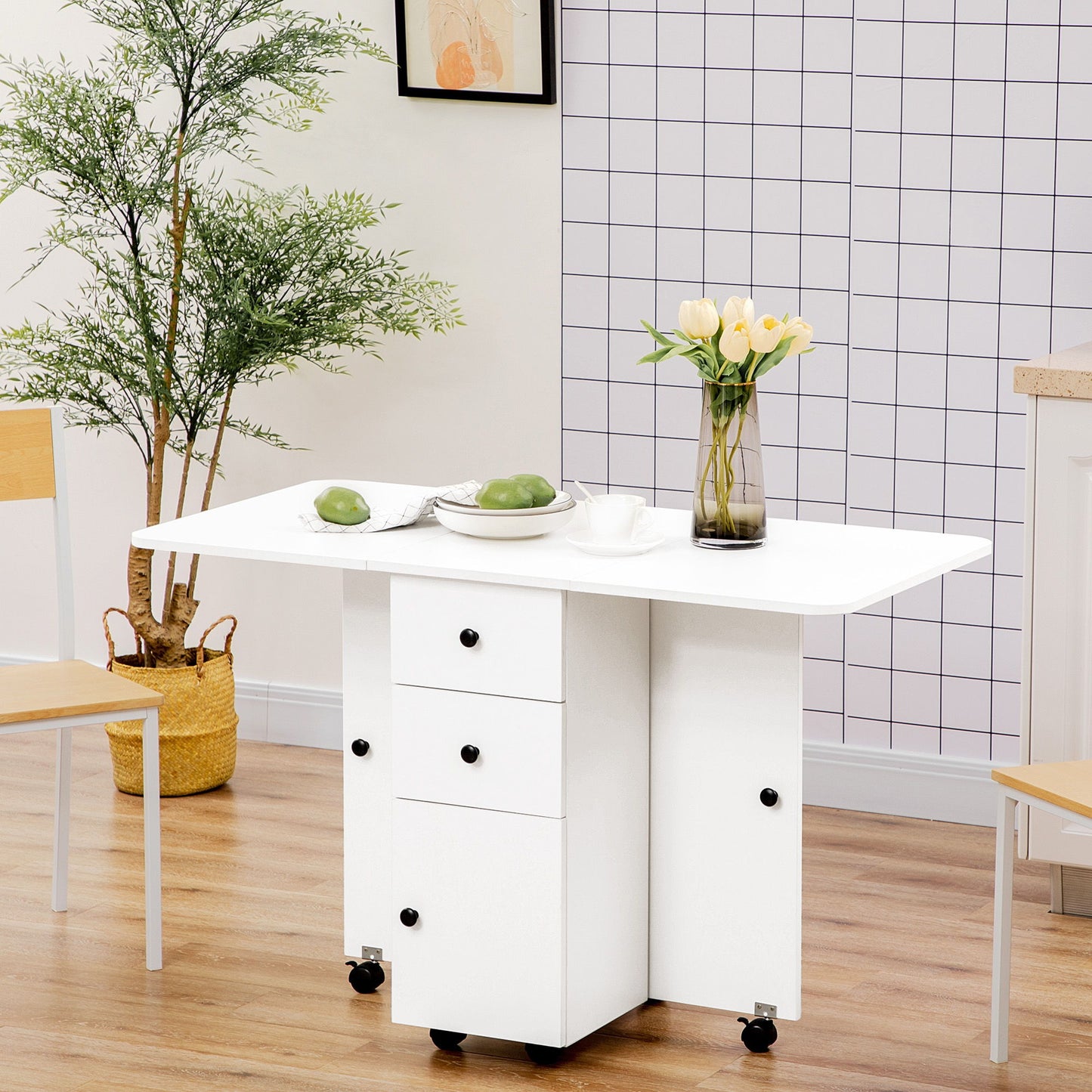 Foldable Dining Table, Rolling Kitchen Table with Storage Drawers and Cabinet, Drop Leaf Table on Wheels, White