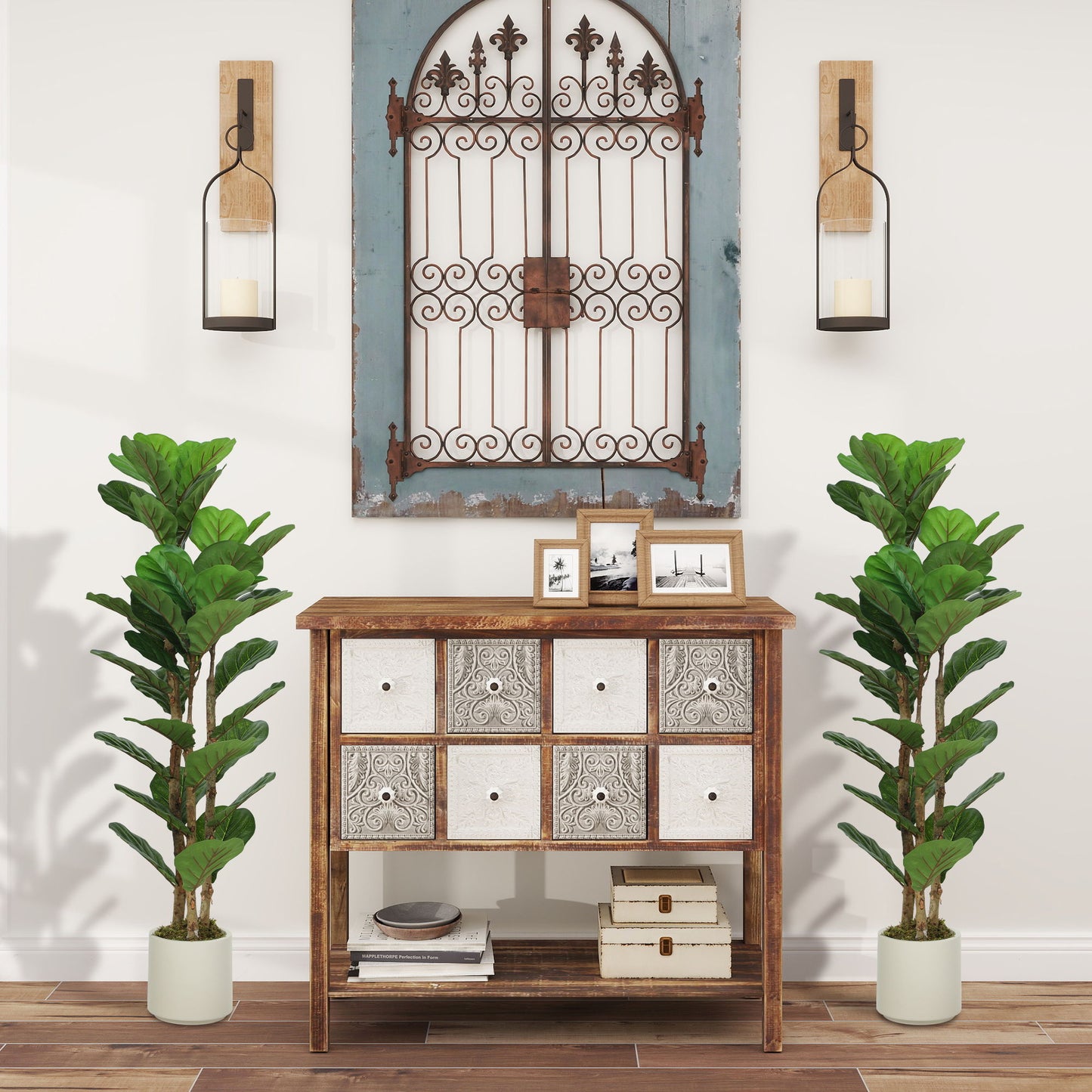 4FT Artificial Fiddle Leaf Fig Tree Set of 2, Fake Potted Tree with Solid Wood Trunks for Indoor Decor, Green