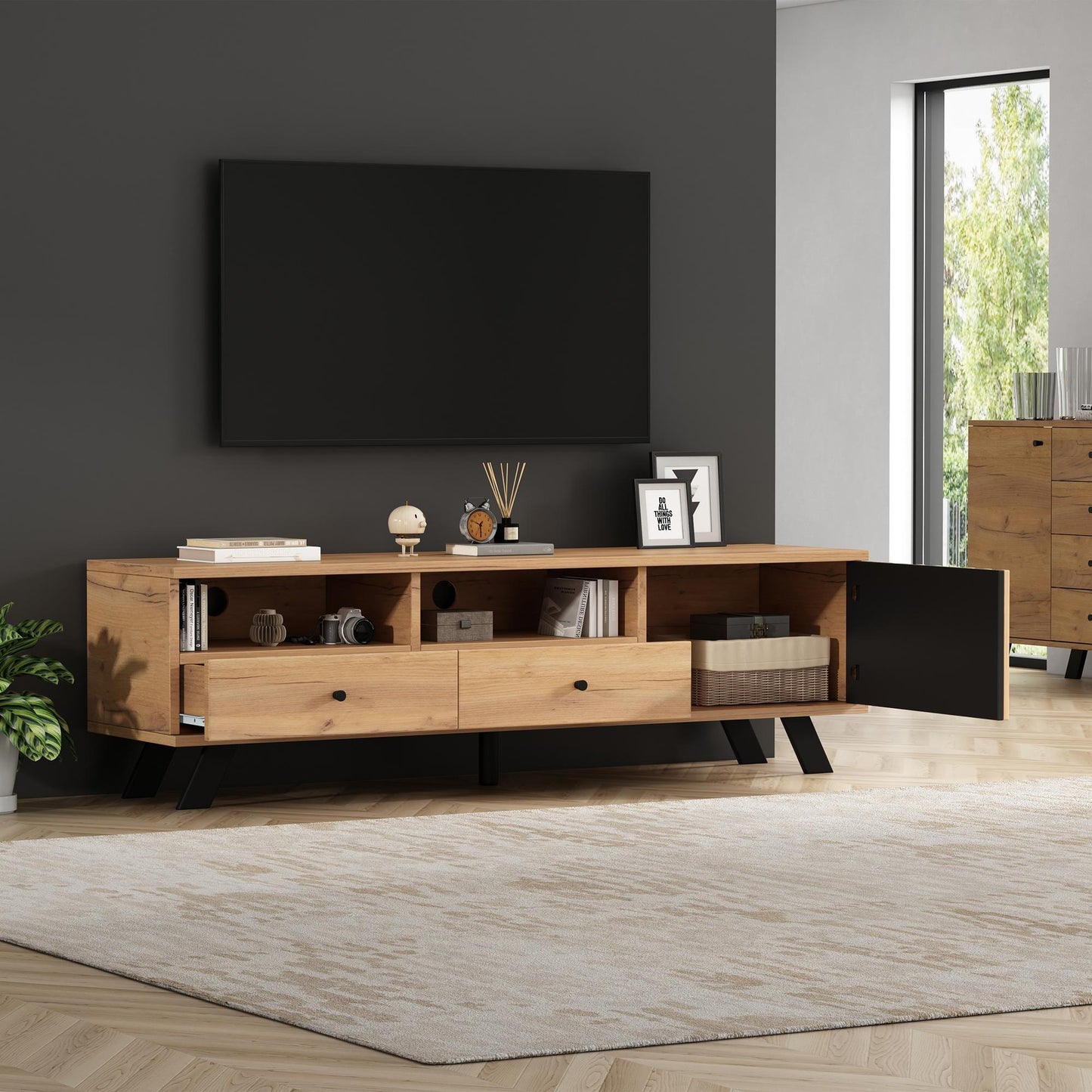 Modern Wood-Grain TV Stand for up to 65-Inch TVs, Sturdy TV Cabinet with Particleboard Construction, 59" L x 15" W x 17.5" H, Wood