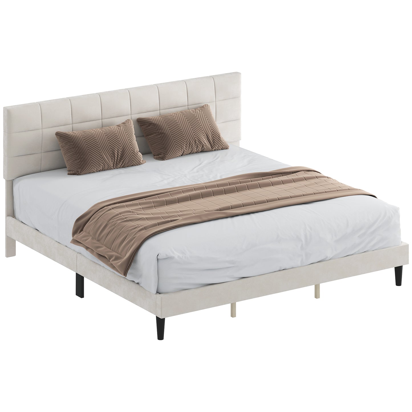 King Size Bed Frame with Upholstered Headboard, Modern Platform Bed Frame with Wood Slats, 1100 lbs Capacity, Cream