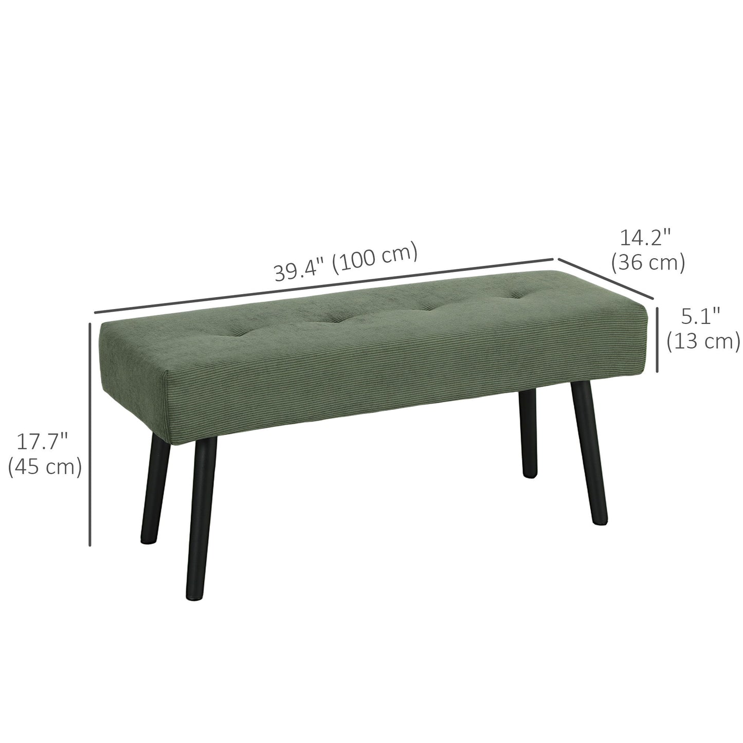 39" Upholstered Ottoman Bench, Corduroy Entryway Bedroom Bench with Padded Seat and Steel Legs for Bedroom, Green