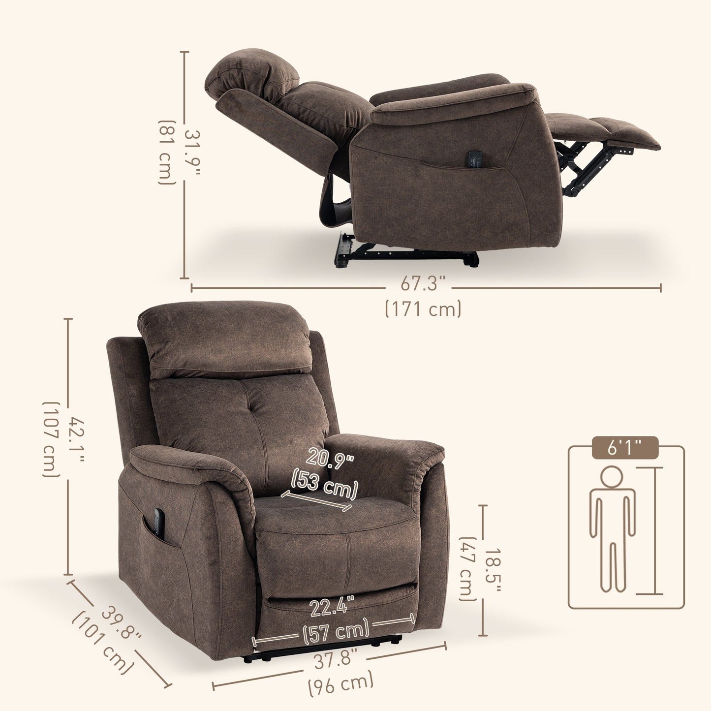 Manual Recliner with Massage and Side Pockets - Brown
